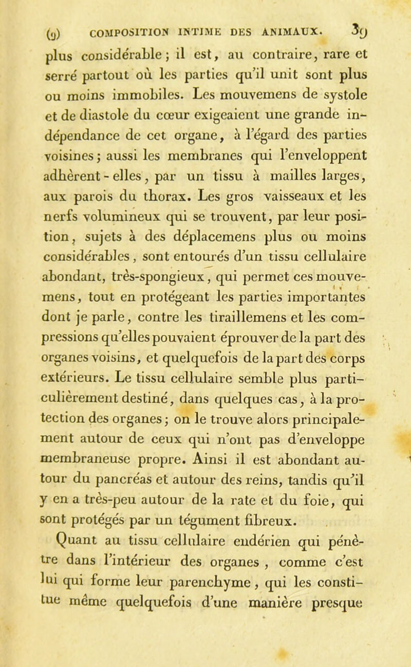 plus considérable; il est, au contraire, rare et serré partout où les parties qu’il unit sont plus ou moins immobiles. Les mouvemens de systole et de diastole du cœur exigeaient une grande in- dépendance de cet organe, à l’égard des parties voisines ; aussi les membranes qui l’enveloppent adhèrent - elles , par un tissu à mailles larges, aux parois du thorax. Les gros vaisseaux et les nerfs volumineux qui se trouvent, par leur posi- tion, sujets à des déplacemens plus ou moins considérables, sont entourés d’un tissu cellulaire abondant, très-spongieux, qui permet cesmouve- mens, tout en protégeant les parties importantes dont je parle, contre les tiraillemens et les com- pressions qu’elles pouvaient éprouver de la part des organes voisins, et quelquefois de la part des corps extérieurs. Le tissu cellulaire semble plus parti- culièrement destiné, dans quelques cas, à la pro- tection des organes ; on le trouve alors principale- ment autour de ceux qui n’ont pas d’enveloppe membraneuse propre. Ainsi il est abondant au- tour du pancréas et autour des reins, tandis qu^il y en a très-peu autour de la rate et du foie, qui sont protégés par un tégument fibreux. Quant au tissu cellulaire endérien qui pénè- tre dans l’intérieur des organes , comme c’est lui qui forme leur parenchyme, qui les consti- tue même quelquefois d’une manière presque