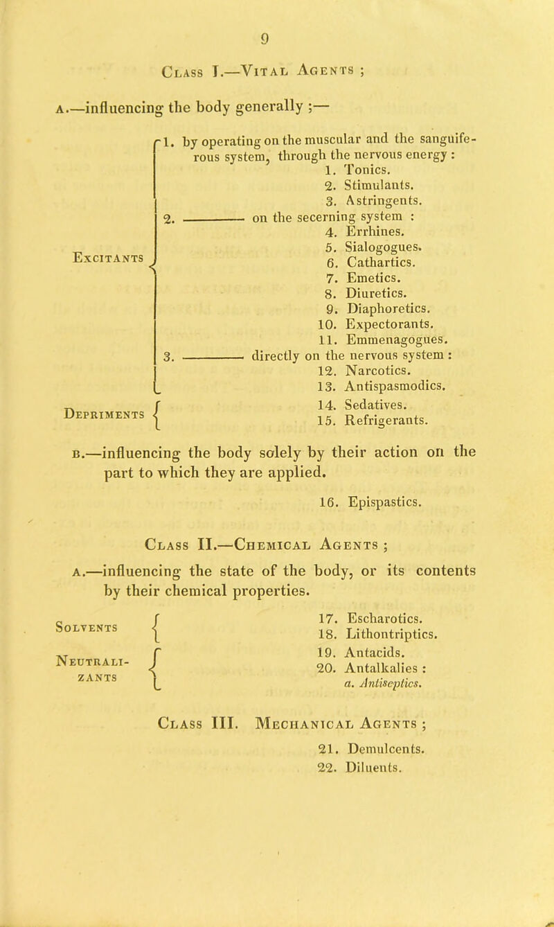 Class I.—Vital Agents ; A—influencing the body generally ;— Excitants < Detriments 1, by operating on the muscular and the sanguife- rous system, through the nervous energy : 1. Tonics, 2. Stimulants. 3. Astringents. 2. on the secerning system : 4. Errhines. 6, Sialogogues. 6. Cathartics. 7. Emetics. 8. Diuretics. 9. Diaphoretics. 10. Expectorants. 11. Emmenagogues. 3. directly on the nervous system : 12. Narcotics. 13. Antispasmodics. 14. Sedatives, { 15. Refrigerants. B.—influencing the body solely by their action on the part to which they are applied. 16. Epispastics. Class II.—Chemical Agents ; A.—influencing the state of the body, or its contents by their chemical properties. Solvents Neutrali- ZANTS 17. Escharotics. 18. Lithontriptics. 19. Antacids. 20. Antalkalies : a. Antiseptics. Class III. Mechanical Agents ; 21. Demulcents. 22. Diluents.