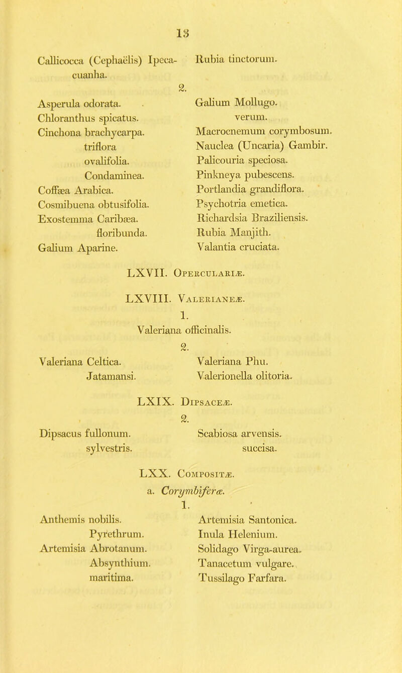 1.S Callicocca (Cepliaelis) Ipeca- cuanha. 2. Asperula odorata. Chloranthus spicatus. Cinchona brachycarpa. triflora ovalifolia. Condaminea. Coffaea Arabica. Cosmibuena obtusifolia. Exostemma Caribaea. floribunda. Galium Aparine. llubia tinctoruni. Galium MoUugo. verum. Macrocnemum corymbosum. Nauclea (Uncaria) Gambir. Palicouria speciosa. Pinkneya pubescens. Portlandia grandiflora. Psychotria emetica. Richai’dsia Braziliensis. Rubia Manjith. Valantia cruciata. LXVII. Opehculari^. LXVIII. VALERIANEiE. 1. Valeriana officinabs. 2. Valeriana Celtica. Valeriana Phu. Jatamansi. ValerioneUa olitoria. LXIX. Dipsace.®. Dipsacus fuUonum. sylvestris. 2. Scabiosa arvensis. succisa. LXX. CoMPOSITiE. a. Corymhvf'era. Anthemis nobilis. Pyrethruni. Artemisia Abrotanum. Absynthium. maritima. Artemisia Santonica. Inula Plelenium. Solidago Virga-aurea. Tanacetum vulgare. Tussilago Farfara.