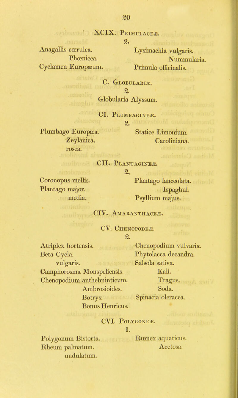 XCIX. PrimulacevE. Anagallis coerulea. Phcenicea. Cyclamen Europaeum. Lysimachia vulgaris, Nummularia. Primula officinalis. C. Globulari,e. 2. Globularia Alyssum, CL Plumbago Europaea. Zeylanica, rosea, CII. Coronopus mellis. Plantago major. media. CIV. PLUMBAGINEiE. 2. Statice Limonium. Caroliniana. PlANTAGINEjE. 2, Plantago lanceolata. Ispaghul, Psyllium majus. AmaranthacejE. CV. ChenopodejE. 2. Atriplex hortensis. Beta Cycla. vulgaris. Camphorosma Monspeliensis. Chenopodium anthebninticum, Ambrosioides. Botrys. Bonus Henricus. Chenopodium vulvaiia. Phytolacca decandra. Salsola sativa. Kali. Tragus. Soda. Spinacia oleracea. CVI. PoLYGONE.'E. 1. Polygonum Bistorta. Rumcx aquaticus, Bheum palmatum. Acetosa. undulatum.
