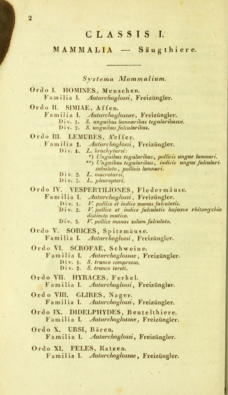 G L A S S I S I.' MAMMALIA •—• Säugthier e. Syslema Mammalinm. Ordo I. HOMINES, Menschen. Kami Ha I. yiuiarchoglossi^ Freizüngler. Ortlo I[. SIMIAE, Affen. f^ainilia I. yiiilarchoglossaey Freizüngler. Div. 1. S. unguibus lamnarihus tegularibusve. ^ I)iv. 2. S. unguibiisJalcularibus. , Ordo lU. LEMÜRES, Aeffcr. h' a in i 1 i a 1. yiiilarchoglossi, Freizüngler. Div. 1. L,. brachytarsi: *) Unguibus tegulanhus f polHcis ungue lamnari. **) Unguibus tegularibus y indicis ungue falculari- subutato, pollicis lamnari. Div. 2. JL. macrotarsi. Div. 5. L,. pleuropteri. Ordo IV. A'ESPP:RTILI0NES , Fledermäuse. F a tu i 1 i a I. ^iitarchuglossi, Freizüngler. Div. 1. U poUice et indice manus Jalculatis. D i V. 2. U. pollice et indice Jalculatis hujusve rhizonychio distincto mutico. D i V. 3. U. pollice manus solum falculato. Ordo Y. SORICES, Spitzmäuse. F a m i 1 i a I. yinlarchoglossi, Freizüngler. Ordo VI. SCROFAE, Schweine. F a m i 1 i a I. y4ularchoglossae, Freizüngler. Div. 1. S. trunco compresso, Div. 2. S. trunco tereti. Ordo YII. HYRACES, Ferkel. F a m i 1 i a I. Aiitarchoglossi, Freizüngler. Ordo VIII. GLIRES, Nager. Familia I. Aularchoglossiy Freizüngler. Ordo IX. DIDELPHYDES, Beutelthiere. Familia I. Autarchoglossae, Freizüngler. Ordo X. URSI, Bären. ' Familia I. Aiitarchoglossi, Freizüngler. Ordo XI. FELES, Katzen. Familia I. Autarchoglossae, Freizüngler.