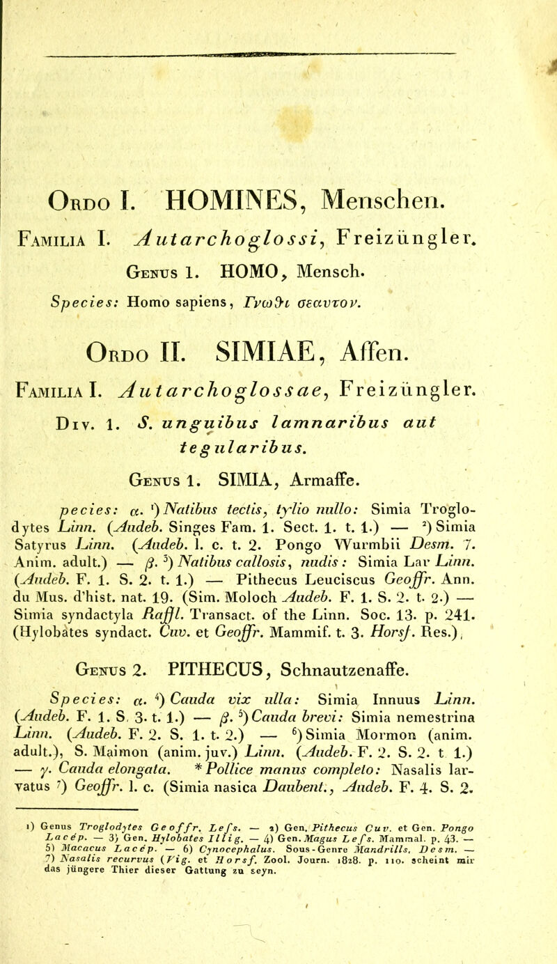 Ordo I. HOMINES, Menschen. Familia I. Autarcho^lossi^ Freizünglei\ Genus 1. HOMO> Mensch. Species: Homo sapiens, Fvoid'v oeavrov. Ordo II. SIMIAE, Affen. Familia I. Autarchoglossae^ Freizüngler. Div. 1. S, unguihiis lamnarihus aut t e gilt ar ihn s, Genus 1. SIMIA, ArmalFe. pecies: ^)Natibus tectis, tylio nullo: Simia Troglo- dytes JLinn. (Aiideh. Singes Farn. 1. Sect. 1. t. 1.) — Simia Satyrus Finn. (Aiideb. I. c. t. 2. Pongo Wurmbii Desm. 7. Anim, adult.) — ß. Natibiis callosis, nudis : Simia Lar {Aiideb. F. 1. S. 2. t. 1.) — Pithecus Leuciscus Geoffr. Ann. du Mus. d’hist. nat. 19- (Sim. Moloch Audeb. F. 1. S. 2. t. 2.) — Simia syndactyla Raffl. Transact. of the Linn. Soc. 13. p. 241. (Hylobates syndact. Ciiv. et Geoffr. Mammif. t. 3. HorsJ. Res.), Genus 2. PITHECUS, SchnautzenafFe. X Species: Cauda vix iilla: Simia Innuus Finn. (Aiideb. F. 1. S, 3-1. 1.) — ß. ^)Cauda brevi: Simia nemestrina JLinn. (Audeb. F. 2. S. 1. t. 2.) — ^) Simia Mo rmon (anim. adult.), S. Maimon (anim. juv.) l^inn. {Audeb. F. 2. S. 2. t 1.) — y. Caiida elongata. * Pollice maniis complelo: Nasalis lar- vatus 7) Geoffr. 1. c. (Simia nasica Daiibent., Audeb. F. 4. S. 2- i) Genus Troglodytes Geoffr. Lefs. — a) Gen. Pithecus Cuv. et Gen. Pongo Lac dp. — 3) Gen, Hylobates Illig. — 4) Gen. Magus Lefs. Mammal. p, 43. — 5) Macacus Lac cp. — 6) Cjnocephalus. Sous-Genre Mandrills, Desm. — 7) Nasalis recurvus {Pig. et Horsf. Zool. Journ. 1828. p. iio. scheint mir das jüngere Thier dieser Gattung zu s,eyn.