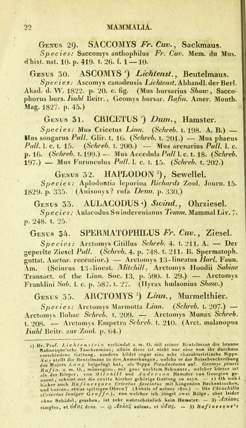 Genus 29. SACCOMYS Fr, Cuv,, Sackmaus. Species: Saccomys anthophilus Fr. Cuv. Mem. du Mus. d’hist. nat. 10. p. 419- t. 26. f. 1 — 10. Genus 30. ASCOMYS *) Lichtenst. ^ Beutelmaus. Species: Ascomys canadensis Abhandl.derBerl. Akad. d. W. 1822. p. 20. c. fig. (Mus bursarius Shaw , Sacco- pborus burs. Fiiihl Beitr.. Geomys bursar. Rafin. Amer. Month. Mag. 1827. p. 45.) Genus 31. CBICETUS Dum,^ Hamster. Species: Mus Cricetus Firm. (Schreh. t. 198. A. B.) — Mus songarus Pall. Glir. t. 16. (Schreh. t. 201.) — Mus phaeus Pall. 1. c. t. 15. (Schreh. t. 200.) — Mus arenarius Pall. 1. c. p. 16. {Schreh. 1.199-) —- Mus Accedula Pall 1. c. t. 18. (Schreh. 197.) —, Mus Furunculus Pall. 1. c. t. 15. (Schreh. t. 202.) Genus 32. HAPLODON'), Sewellel. Syoec/e.?.* Aplodontia leporina Richards Zool. Journ. 15. 1829. p. 335. (Anisonyx? rufa Desrn. p. 330.) Genus 33. AÜLACODUS <) Swind.^ Okrziesel. Species: Aulacodus Swinderenianus Mammal Liv. 7. p. 248. t. 25. Genus 34. SPERMATOPHILUS Fr. Cwu., Ziesel. Species: Arctomys Citillus Schreh.^. t. 211. A. — D,er geperlte Ziesel Pall. (Sch'eh. 4. p. 748. t. 211. B. Spermatoph. guttat. Auctar. recentior.) — Arctomys 13-lineatus Harl. Faun. Am. (8ciurus 13-lineat. Mitchill ^ Arctomys Hoodii Sabine Transact. of the Linn. Soc. 13. p. 590. t. 29.) — Arctomys Franklini Sah. 1. c. p. 587. t. 2 7. (Hyrax hudsonius Shaw.) Genus 35. ARCTOMYS Linn., Murmelthier. Species: Arctomys IVIarmotta Lzwz. (Schreh. t. 207.) — Arctomys Bobac Schreh. t. 209. — Arctomys Monax Schreh. 208. — Arctomys Empetra Schreh. r. 210. (Arct. malanopus Fuihl Beitr. zur Zool. p. 64.) i) Hr. Prof. 1, i c h t e n s t e i n verbindet a. m. O. mit seiner Peutelmaus die braane Rafinesque’sclic Taschenmaus; allein diese ist nicht nur eine von ihr durchaus verschiedene Gattung, sondern bildet sogar eine sehr charakteristische Sippe. ,Say stellt die neutelmaus in den^Anmerkungen, welche er der Reisebeschreibung des Majors J,ong beigefügt hat, als Sippe Fseudostoma auf. Geornys pineti Rafin. a.. in. ü. , mausegrau, mit ganz nacktem Schwänze, welcher kürzer ist als der Körper, von Mitchili und Anderson Hamster von Georgien ge- nannt, scheint mir diezweite hierher gehörige Gattung zu sejn. — 2) Ob wohl hiehcr auch ll a fi n e s q u e s Cricetus fasciatus mit hängenden Backentaschen, und kurzen, etwas spitzigen Ohren7 (Annals of nature 1820.) — Die ChinchUla (^Cricetus Inniger Geoffr.), von welcher ich jüngst zwei Bälge, aber leider ohne Schädely gesehen, ist sehr wahrscheinlich kein Hamster. — 3) Altkoog Simplex, et oVö? dens. — 4) Avku^ sulcus, et oVöff. — 5) Rafinetq ue*s