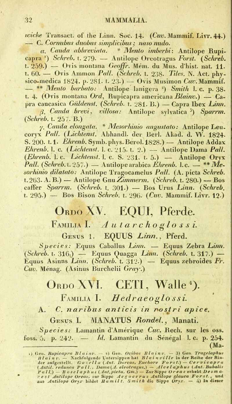 Wicke Transact. of the Linn. Soc. 14- (Cwü. Mammif. Livr. 44*) — C. Cornubiis diiobus simplicibiis y nasonudo, a. Caiida abbreviata. * JVLenlo imberbi: Antilope Rupi- capra Schreh. t. 279- — Antilope Oreotragus Forst. (^Schreb, t. 259.) — Ovis inontana Oeoffr. Mein, du Mus. d’hist. nat. 11. t. 60. — Ovis Amnion Pcdl. (Schreb. l. 238. Tiles. N. Act. phy- sico-inedica 1824. p. 281- t. 23.) — Ovis Musimon Cnc.Mammif. -— IMento barbalo: Antilope lanigeva ^) Smith 1. c. p. 38. t. 4. (Ovis montana Ord., Rupicapra americana — Ca- pra caucasica Güldenst, (ßchreb. t. 281. R.) — Capra Ibex L,inn. ß, Caiida brevi, villosa: Antilope sylvatica ^) Sparrm. {Schreb. t. 25 7. R.) y, Caiida elongcda. * Mesorhinio angustato: Antilope Leu., coryx Pall. {Fichtenst. Abhandl. der Rerl. Akad. d. W. 1824. S. 200. 1.1. Symb.phys.Rerol 1^1828.)— Antilope Addax Ehrenb. 1. c. (Lichtenst. 1. c. 215. t. 2.) — Antilope Dama Pall. {Ehrenb. 1. c. Lichtenst. 1. c. S. 231. t. 5.) — Antilope Oryx Pall. {Schreb. — Antilope arabica l.c. — IMe- sorhinio dilatato: Antilope Tragocatiielus P«//. (A. picta Schreb. t.263. A. R.) — Antilope GnnZimmerm. {Schreb. t. 280.) — Ros cafFer Sparrm. {Schreb. t. 301.) — Ros ürus Linn. {Schreb, t. 295.) — Ros Rison Schreb. t. 296. {Ciiv. Mammif. Livr. 12») Ordo X:V. EQUI, Pferde. Familia I. A u t a r c h o glo s s i. Genus 1. EQÜUS Linn. ^ Pferd. Species: Equus Caballus Linn. — Equus Zebra JLz/i/?, {Schreb. t. 316.^ — Equus Quagga Linn. {Schreb. t. 317.) — Equus Asinns Linn. {Schreb. t. 312.) — Equus zebroides Fr. Cuv. Menag. (Asinus Rurcbelii Gray'.') OrdoXVI. CETI, Walle9. Familia L Hedraeoglo ssi. A. C. narihus anticis in nostri apice, Genus I. MANATÜS Rondell Manati. Species: Lamantin d’Amerique Cuv. Rech, sur les oss. foss. 5. p. 242. — Cd. Lamantin du Senegal 1. c. p. 254. (Ma- i) Gen. Rupicapra lilainv. — 2) Gen. Ovibos Blainv. — 3) Gen. Tragelaphus Rlainv. — Nachfolgende Untersippen hat Blainville in der Reihe der Rin- der aufgestellt. Gazella {Ant. Dorcas, Euchore Forst.) — Cervicapra (Antil. redunca Ball., Dama{A. eleotragus.) — Alcel djphus (Ant. Bubalis Fall.) — B o s e l aph US (Ant.picta. Gm.) — Zur Sippe Oreas erhebt Desma- rest Antilope Oreas, zur Sippe Ae g o c e ru s Antilope glauca Forst,, und aus Antilope Oryx bildet Hamilt. Smith die Sippe Oryx. — 4) Id dieser