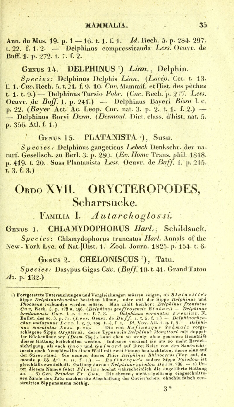 Ami. du Mus. 19. p. 1 —16. t. 1. f. 1. Id, Rech. 5. p. 284- 297. t. 22. f. 1. 2. — Delphinus compressicaiida luess, Oeuvr, de BuflP. 1. p. 272. t. 7. f. 2. , Genus 14. DELPHIINÜS Linn,^ Delphin. Species: Delphinus Delphis i^inn, {iMcep, Cet. i. 13. f. 1. Czze. Rech. 5. t. 21. f. 9. 10. Cne. Mammif. et Hist, des peches t. 1. t. 9.)— Delphinus Tursio Fahr. {Ciw. Rech.^p. 277. Fess, Oeuvr. de ßuff. 1. p. 241.) ~ - Delphinus Bayeii Bisso I. c. p. 22. (Bayer Act. Ac. Leop. Cur. nat. 3. p. 2. t. 1. f. 2.) — Delphinus Roryi Desm. (Desmmd, Diel, dass, d’hist. nat. 5- p. 356. Atl. f. 1.) Genus 15. PLATAMSTA Susu. Species: Delphinus gangeticus Denkschr. der na= mrf. Gesellsch. zu Rerl. 3. p. 280. (Fv. Home Trans, phil. 1818. p. 419. t. 20. .Susa Plantanista Fess. Oeuvr. de BiifJ. 1. p. 215. t. 3. f. 3.) Ordo xvn. ORYCTEPvOPODES, ' Scharrsücke. - Familia I. Autai'choglossi. Genus 1. CHLAMYDOPHORUS Harl,, Schüdsuck, Species: Chlamydophorus truncatiis JF/nr/. Annals of the New» York Lyc. of Nat.^Hist. 1. .Zool. Journ. 182.5. p. 154. t. 6. Genus 2. CHELONISCUS Tatu. Species: Dasypus Gigas Ciiv, (Baff. 10* t. 41. GrandTatou Al., p. 132.) i) Fortgesetzte Untersuchungen und Vergleichungen müssen zeigen, ob Blainville^s Sippe Delphinorhynchus bestehen Könne, oder mit der Sippe Delphinus und PÄocoe/za verbunden werden müsse. Man zählt hierher: Delphinus frontatus Cuv, Rech. 5. p. 27811.296. {Delphinus geoffroyensis Blainv.') ■— Delphinus bredanensis Cuv. 1. c. t. 21. f. 7. 8. — Delphinus coronatus Freminv. N. Bullet, des sc. 3. p. 7i. {Less. Oeuvr. de Buff. i. t. 5. f. i.) — Delphinorliyn^ chus malayanus Less. 1. c. p. 209. t. f. 2. Id, Voy. AÜ. t. 9. f. 5. — Delphi- aus maculatus Less. p. 210. — Die von Rafinesque Sc hmalz vorge- schlagene Sippe Oxypterus, Aaren Typus Delphinus Mongitori mit doppel- ter Rüchenlinnc sey (Desm. 769.), kann eben so wenig ohne genauere Kenntnifs dieser Gattung beibehalten werden. Indessen verdient sie um so mehr Berück- sichtigung, als auch Quoy und Quiutanl auf ihrer B.eisc von den Sandwichs- inseln nach Neusüdwallis einen Wall mit zw ei Finnen beobachteten, deren eine auf der Stirne stand. Sie nennen dieses Thier Delphinus Jthinoceros (Voy. aut. do monde p. 86. Atl. t. ii. f. 2.) — liafinesque^s andere Sippe Epiodon ist gleichfalls zweifelhaft. Gattung davon; Delphinus epiodon Desm. 786. — 2) Un- ter diesem Namen führt Plinius höchstwahrscheinlich die angeführte Gattung an. — 3) Gen. Priodon Fr. Cuv. Die ebenen, nicht sägeförmig eingeschnitte- nen Zähne des Tatu machen die Abschaffung des Cuvier’scben, ohnehin falsch con- strnirten Sippenamens nöthig.