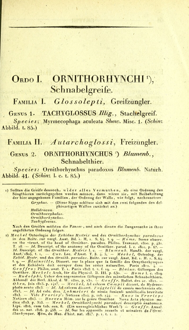 Ordo I. ORNITHORHYNCHI ‘), Schnabelgreife. Familia L Glossoleptij, Greifziingler. Genus 1. TACHYGLOSSÜS Stachelgreif. Speciesi Mjrraecophaga aculeata Shaw. Mise. 1. (ßchinz Abbild, t. 85.) Familia II., Autarcho^lossi^ Freizüngler. Genus 2. ORNITHORHYNCHüS 0 Bhirnenb., Schnabelthier. Species: Ornitborhynchus paradoxus Bliimenh. Naturb, Abbild. 41. {Schiriz 1. c. t. 85.) i) Sollten die Greife dennoch, wider alles Vermaihen, als eine Ordnung den Säugthieren zurüchgegeben werden müssen, dann wären sie, mit Beibehaltung der hier angegebenen Familien, der Ordnung der Walle, wie folgt, naclizusetzen Gryphus. — (Diese Sippe schlösse sich mit den zwei folgenden den del- phinartigen Wallen zunächst an.) Ualidracon. Ornithocephalus. ' Orn i th o rhynch us. Tachyglossus. Nach den Greifen müfsteu die Panzer , und nach diesen die Zungensuche in ihrer angeführten Ordnung folgen. a) Meckel Osteologie der Echidna Hystrix und de.s Ornithorhynchus paradoxus in den Beitr, zur vergl. Aiiat. Bd. i. H. i. S. 6). t. g — Home, Some obser^', on Ibe «truct, of the head of Ornithov. paradox. Philos. Transact. i8oo. p. 432 T. i8 — Id. Descript. of the anatomy of Ihe Ornithor. parad. 1. c. 1802. p. 67. I<f. Descript. of ihc Ornithor. Hystrix 1. c. — Blumenb. Handb. der vergl, Anat. i8o5. t. i. - Cuv. Lee. d’Anat. T. 3. 4- 5. — Mbchel, Osteolog. de- Echid. Hystr. und des Ornith. parado.v. Beitr. zur vergl. Anat. Bd. 1. H. 1. S. 64- t. 9. — Blninville, Dissert. sur la place tjue la familia des Ornythorhynfjucs et des Echidnes doit occupor dans les scries naturelles. Paris i8'2. 4- Geoffroy Phllo.s. anat. T. 1. Paris 1818. t. 2. f. 19. — Blainv. Gi-^torgan des Ornithor. Meckels Arch. für die Physiol. B. III. p. 63o. — Home 1. c. 1819. — Budolphi, Ueber den sogenannten Giflsporn des männlichen Schnabelthiers. Abhandl der Berl. Akad. d. W. 1820, p. 282. — Geoffr. Bullet, des sc. 1822,. — Oken, Isis 1823. p. 1,42?. — ÄLeckel, Ad calccrn Campii dissert. de Hydroce- phalo acuto 1823. — Id. Ad calcein dissert. Foigtelii de caiisis mechanicis etc. 1823. — Id, Ki. calc. diss. Lohmeieri de nimia fuuiculi umbilicalis brevitate ^ 1823. — Yide Froriep's Notizen 1824- P. «44- — Hnox in Frorieps Notizen 1823. — Hoeven Mem. sur le genre Ornithor. Nova Acta physico mc- dica 1823. p. 353. — Meckel, Ornithorhynchi paradoxi descriptio anatomica. Lips, 1826. cum tab. aen. 8. (Ein unvergleichliches Werk!) — Geoffr. Annal. des sc. nat. 1826. p. 458. — Id. Sur les appareils .scxuels ct urinaires de VOvni, thorhynque. ilfdm. du Mus. d’hist. nat. iSz/. p. 1, t. i. 2. ,