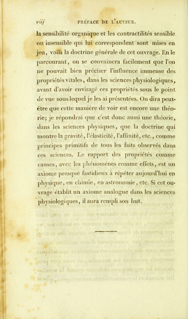 PRÉFACE 'DE l’aUTEUR. la sensibilité organique et les contractilités sensible ou insensible qui lui correspondent sont mises en jeu, voilà la doctrine générale de cet ouvrage. En le parcourant, on se convaincra facilement que l’on 11e pouvait bien préciser l’influence immense des propriétés vitales, dans les sciences physiologiques, avant d’avoir envisagé ces propriétés sous le point de vue sous lequel je les ai présentées. On dira peut- être que cette manière de voir est encore une théo- rie; je répondrai que c’est donc aussi une théorie, dans les sciences physiques, que la doctrine qui montre la gravité, l’élasticité, l’affinité, etc., comme principes primitifs de tous les faits observés dans ces sciences. Le rapport des propriétés comme causes, avec les phénomènes comme effets, est un axiome presque fastidieux à répéter aujourd’hui en physique, en chimie, en astronomie, etc. Si cet ou- vrage établit un axiome analogue dans les sciences physiologiques, il aura rempli son but. \ ïrfr >I