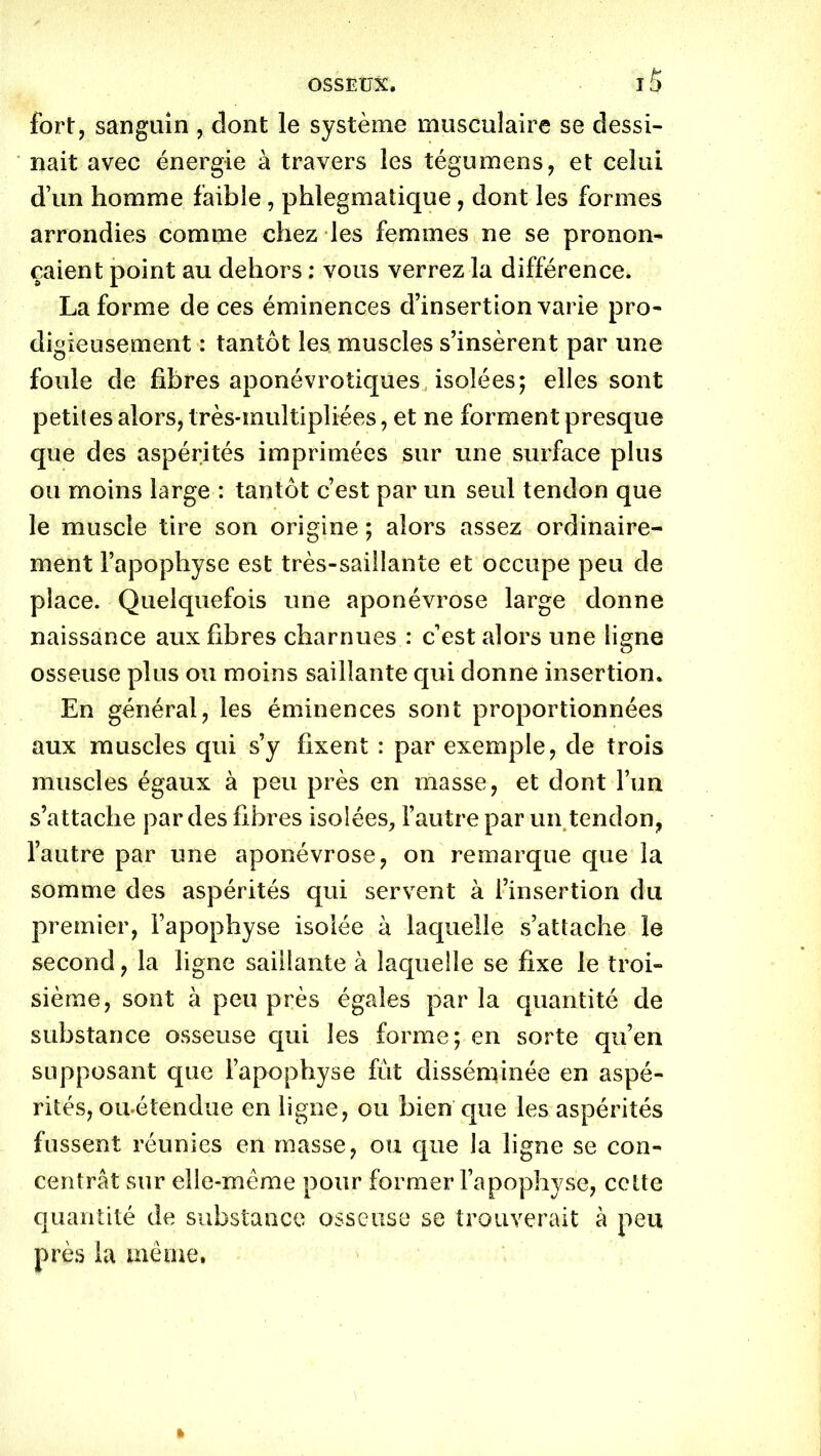 fort, sanguin , dont le système musculaire se dessi- nait avec énergie à travers les tégumens, et celui d’un homme faible, phlegmatique, dont les formes arrondies comme chez les femmes ne se pronon- çaient point au dehors : vous verrez la différence. La forme de ces éminences d’insertion varie pro- digieusement : tantôt les. muscles s’insèrent par une foule de fibres aponévrotiques isolées; elles sont petites alors, très-multipliées, et ne forment presque que des aspérités imprimées sur une surface plus ou moins large : tantôt c’est par un seul tendon que le muscle tire son origine ; alors assez ordinaire- ment l’apophyse est très-saillante et occupe peu de place. Quelquefois une aponévrose large donne naissance aux fibres charnues : c’est alors une ligne osseuse plus ou moins saillante qui donne insertion. En général, les éminences sont proportionnées aux muscles qui s’y fixent : par exemple, de trois muscles égaux à peu près en masse, et dont l’un s’attache par des fibres isolées, l’autre par un tendon, l’autre par une aponévrose, on remarque que la somme des aspérités qui servent à l’insertion du premier, l’apophyse isolée à laquelle s’attache le second, la ligne saillante à laquelle se fixe le troi- sième, sont à peu près égales par la quantité de substance osseuse qui les forme; en sorte qu’en supposant que l’apophyse fût disséminée en aspé- rités, ou-étendue en ligne, ou bien que les aspérités fussent réunies en masse, ou que la ligne se con- centrât sur elle-même pour former l’apophyse, cette quantité de substance osseuse se trouverait à peu près la même.