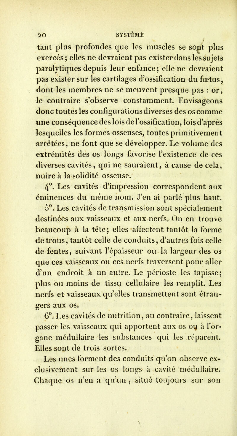 tant plus profondes que les muscles se sont plus exercés; elles ne devraient pas exister dans les sujets paralytiques depuis leur enfance; elle ne devraient pas exister sur les cartilages d’ossification du fœtus, dont les membres ne se meuvent presque pas : or, le contraire s’observe constamment. Envisageons donc toutes les configurations diverses des os comme une conséquence des lois de l’ossification, lois d’après lesquelles les formes osseuses, toutes primitivement arrêtées, ne font que se développer. Le volume des extrémités des os longs favorise l’existence de ces diverses cavités, qui ne sauraient, à cause de cela, nuire à la solidité osseuse. 4°. Les cavités d’impression correspondent aux éminences du même nom. J’en ai parlé plus haut. 5°. Les cavités de transmission sont spécialement destinées aux vaisseaux et aux nerfs. On en trouve beaucoup à la tête; elles affectent tantôt la forme de trous, tantôt celle de conduits, d’autres fois celle de fentes, suivant l’épaisseur ou la largeur des os que ces vaisseaux ou ces nerfs traversent pour aller d’un endroit à un autre. Le périoste les tapisse; plus ou moins de tissu cellulaire les remplit. Les nerfs et vaisseaux qu’elles transmettent sont étran- gers aux os. 6°. Les cavités de nutrition, au contraire, laissent passer les vaisseaux qui apportent aux os oy à l’or- gane médullaire les substances qui les réparent. Elles sont de trois sortes. Les unes forment des conduits qu’on observe ex- clusivement sur les os longs à cavité médullaire. Chaque os n’en a qu’un , situé toujours sur son