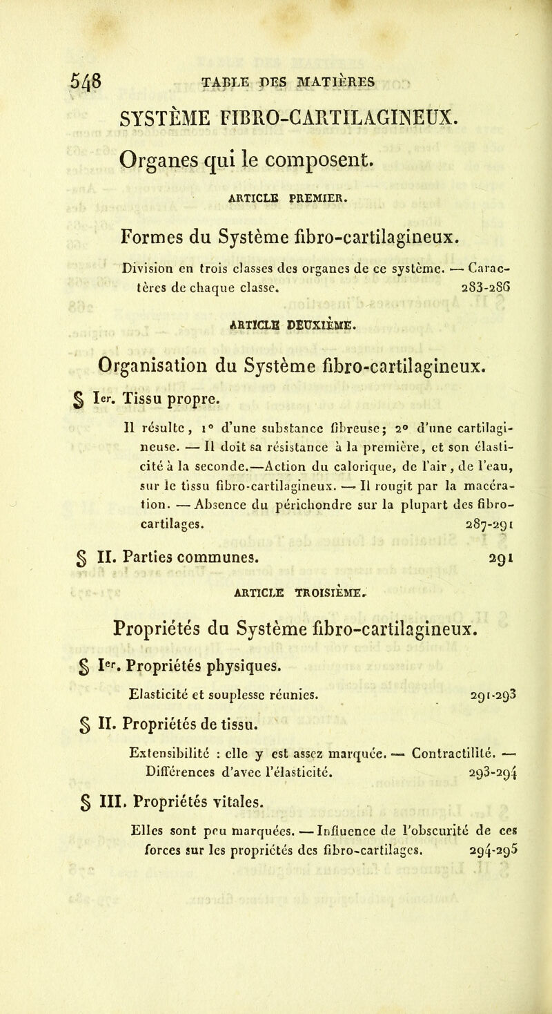 SYSTÈME FIBR0-CARTÏLAGI1NEUX. Organes qui le composent. ARTICLE PREMIER. Formes du Système fibro-eartilagineux. Division en trois classes clés organes de ce système. — Carac- tères de chaque classe. 283-286 ARTICLE DEUXIÈME. Organisation du Système fibro-cartilagineux. § 1er. Tissu propre. Il résulte, i° d’une substance fibreuse; 2° d’une cartilagi- neuse. — Il doit sa résistance à la première, et son élasti- cité à la seconde.—Action du calorique, de l’air, de l’eau, sur le tissu fibro-cartilagineux. Il rougit par la macéra- tion. — Absence du périchondre sur la plupart des fibro- cartilages. 287-291 g II. Parties communes. 291 ARTICLE TROISIÈME* Propriétés du Système fibro-cartilagineux. g Ier. Propriétés physiques. Elasticité et souplesse réunies. 291-293 g II. Propriétés de tissu. Extensibilité : elle y est assez marquée. — Contractilité. — Différences d’avec l’élasticité. 293-294 g III. Propriétés vitales. Elles sont peu marquées.—Influence de l’obscurité de ces forces sur les propriétés des fibro-cartilagcs. 294-295