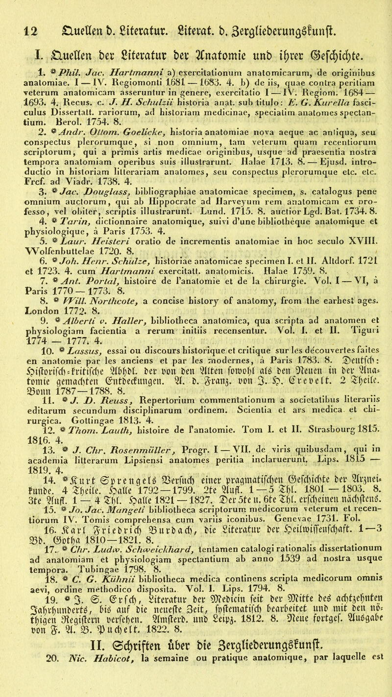 I. Slueften ber Siteratur ber Anatomie unb tf)rer ©efcf)t<J)te. 1. * Phil. Jac. Hartmanni a) exercitationum anatomicarum, de originibus anatomiae. I — IV. Regiomonti 1681—1683. 4. b) de iis, quae contra peritiam veterum anatomicam asseruntur in genere, exercitatio I — IV. Regiom. 1684 — 1693. 4. Recus. c. J. H. Schulzii historia anat. sub titujo: E. G.Kurella fasci- culus Dissertalt. rariorum, ad historiam medicinae, specialim anatomes spectan- lium. Berol. 1754. 8. 2. ® Andr. Oltom. Goelicke, bistoria anatomiae nova aeque ac anliqua, seu conspectus plerorumque, si non omnium, tarn veterum quam recentiorum scriptorum, qui a primis artis medicae originibus, usque ad praesentia nostra tempora anatomiam operibus suis illustrarunt. Halae 1713. 8.—Ejusd. intro- ductio in bistoriam lilterariam anatomes, seu conspectus plerorumque etc. etc. Frcf. ad Viadr. 1738. 4. 3. & Jac. JJouglass, bibliographiae anatomicae specimen, s. catalogus pene omnium auctorum, qui ab Hippocrate ad Harveyum rem anatomicam ex pro- fesso, vel obiter, scriptis illustrarunt. Lund. 1715. 8. auctior Lgd. Bat. 1734. 8. 4. * Tarin, dictionnaire anatomique, suivi d’une bibliotheque anatomique et pbysiologique, a Paris 1753. 4. 5. % Laur. Heisteri oratio de incrementis anatomiae in boc seculo XVIII. Wolfenbuttelae 1720. 8. 6. * Joh. Henr. Schulze, bistoriae anatomicae specimen I. et II. Altdorf. 1721 et 1723. 4. cum Hartmanni exercitatt. anatomicis. Halae 1759. 8. 7. * Ant. Portal, bistoire de I’anatomie et de la Chirurgie. Vol. I — VI, ä Paris 1770 — 1773. 8. 8. & fVill. Northcote, a concise bistory of anatomy, from the earbest ages. London 1772. 8. 9. * Alberti v. Haller, bibliotbeca anatomica, qua scripta ad anatomen et pbysiologiam facientia a rerum initiis recensentur. Vol. I. et II. Tiguii 1774 _ 1777. 4. 10. ® Lassus, essai ou discours bistorique et critique sur les de'couvertes faites en anatomie par les anciens et par les modernes, ä Paris 1783. 8. üDeittfcb: S?i|Torifd)*fritifd)b 5fbf)bf frei- Pon ben 5ttten fomold atö beit Weuen in ber 5Ina* tomie gemachten ©ntbedungen. 51. b. $ran$. non 3. 5p. @rebett. 2 Steife. 55onn 1787—1788. 8. 11. & J. R. Reuss, Repertorium commentationum a societatibus literariis editarum secundum disciplinarum ordinem. Scientia et ars medica. et cbi- rurgica. Gottingae 1813. 4. 12. ^ Thom. Lauth, bistoire de Tanatomie. Tom I. et II. Strasbourg 1815. 1816. 4. 13. * J. Chr. Rosenmüller, Progr. I — VII. de \iris qutbusdam, qui in academia lilterarum Lipsiensi anatomes peritia inclaruerunt. Lips. 1815 — 1819. 4. . . 14. **jvurt 0prengeB 53erfud) einer pragmatifdjen ©efd)id)te ber 5ltpet* Junbe. 4 Zf)dk. Spalte 1792 — 1799. 2te 5lufT. 1— 5 ZU- 1801 —1803. 8. 3te 5luff 1 — 4 $bl. Spalle 1821 —1827. 3)er5ten.6te Zty.erfd>etnen näd>ftenö. 15. # Jo. Jac. Mangeti bibliotbeca scriptorum medicorum veterum et recen- tiorum IV. Tomis comprebensa cum variis iconibus. Genevae 1731. Fol. 16. ßart $riebridj 53urbad), bie Siteratur ber 5peiltbiiTenfd)aft. 1—3 53b. ©otba 1810—1821. 8. 17. ^ Chr. Ludw. Schweickhard, tentamen catalogi rationalis dissertationum ad anatomiam et pbysiologiam spectantium ab anno 1539 ad nostra usque tempora. Tubingae 1798. 8. 18. * C. G. Kühnii bibliotbeca medica continens scripta medicorum omnis aevi, ordine methodico disposita. Vol. I. Lips. 1794. 8. 19. *3. ©rfd), Literatur ber Wiebicin feit ber «Witte be£ ad)t$etjnten Sabrbunbertä, biö anf bie neuefte 3eit, fyjtematifd) bearbeitet nnb mit ben tub Rügen Otegiftern berfeben. 5lmfterb. unb Seip^. 1812. 8. Weue fortgef. 51uägabe bon %. 51. 53. «Pud)ett. 1822. 8. II. ©Triften üb« bie 3ergliebentng§fun|I. 20. Nie. Habicot, la semaine ou pratique anatomique, par Iaquelle est