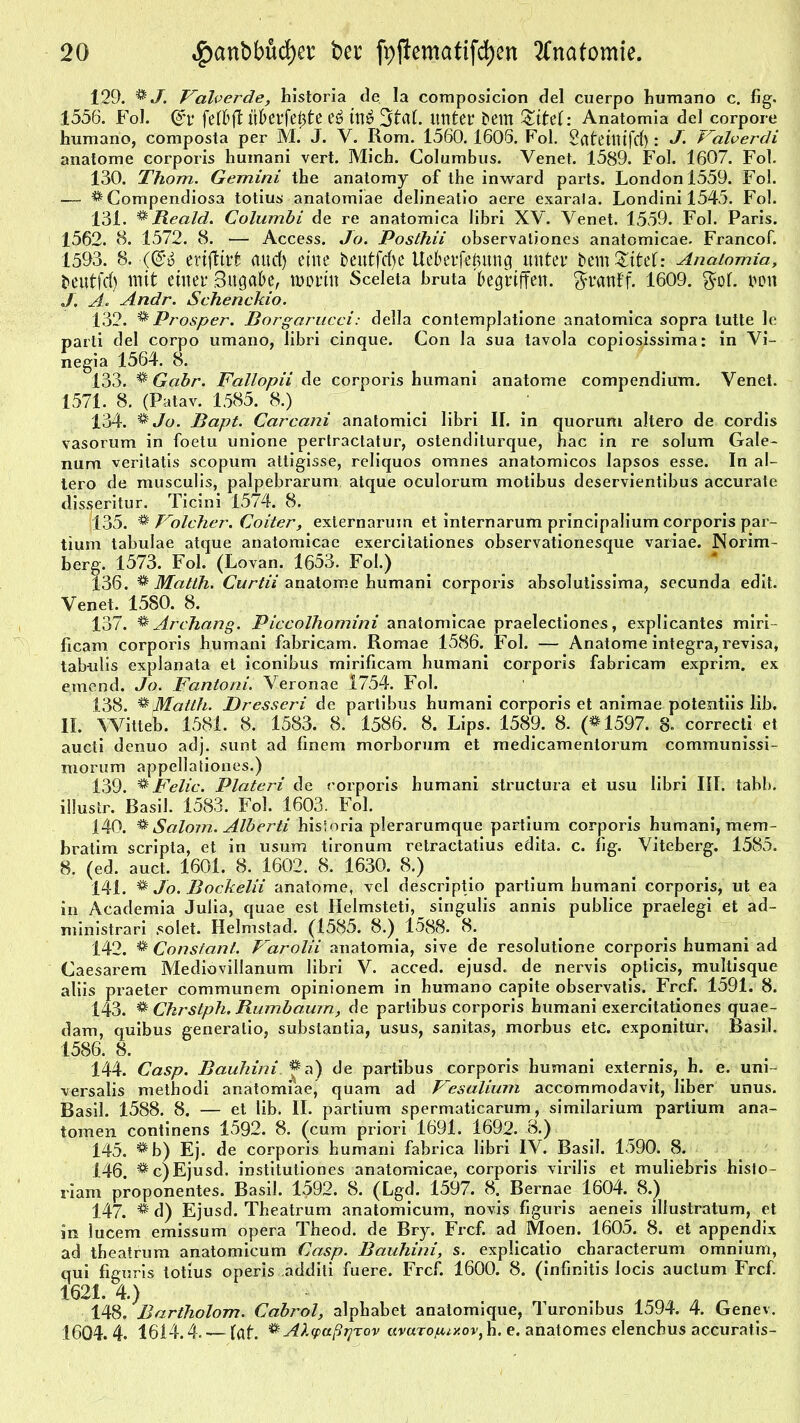 129. #J. Valverde, historia de la composicion del cuerpo humano c. fig. 1556. Fol. (&V Übcrfetjte eö trtä unter t>em Qitti: Anatomia de! corpore humano, composta per M. J. V. Rom. 1560. 1608. Fol. Sflteittifd): J. Valverdi anafome corporis humani vert. Mich. Columbus. Yenet. 1589. Fol. 1607. Fol. 130. Thom. Gemini the anatomy of the inward parts. London 1559. Fol. — #Compendiosa totius anatomiae delineatio aere exarata. Londini 1545. Fol. 131. # Reald. Columbi de re anatomica libri XV. Yenet. 1559. Fol. Paris. 1562. 8. 1572. 8. — Access. Jo. Posthii observationes anatomicae. Francof. 1593. 8. •((£$ enftirt aucf) eine fceutfdje Ue&erf*0ung unter bem^itet: Anatomia, t>eutfd) mit einer Bttgabe, worin Sceleta bruta begriffen, $vanff. 1609. $ot. non J. A. Andr. Schenckio. 132. # Prosper. Borgarucci: della contemplatione anatomica sopra tutte le parti del corpo umano, libri cinque. Gon la sua tavola copiosissima: in Yi- negia 1564. 8. 133. % Gabr. Fallopii de corporis humani anatome compendium. Yenet. 1571. 8. (Patav. 1585. 8.) ' 134. %Jo. Bapt. Carcani anatomici libri II. in quorum altero de cordis vasorum in foetu unione pertractatur, ostenditurque, hac in re solum Gale- num veritatis scopum attigisse, reliquos omnes anatomicos lapsos esse. In al- tero de musculis, palpebrarum atque oculorum motibus deservientibus accurate disseritur. Ticini 1574. 8. |l35. % Volcher. Coiter, externaruin et internarum principalium corporis par- tium tabulae atque anatomicae exercitationes observationesque variae. Norim- berg. 1573. Fol. (Lovan. 1653. Fol.) 136. # Matth. Curtii anatome humani corporis absolutissima, secunda edit. Venet. 1580. 8. 137. # Archang. Piccolhomini anatomicae praelectiones, explicantes miri ficam corporis humani fabricam. Romae 1586. Fol. — Anatome integra, revisa, tabulis explanata et iconibus mirificam humani corporis fabricam exprim. ex emend. Jo. Fantoni. Veronae 1754. Fol. 138. #Matth. JDresseri de partibus humani corporis et animae potesitiis lib. II. Witteb. 1581. 8. 1583. 8. 1586. 8. Lips. 1589. 8. (#1597. 8. correcti et aucti denuo adj. sunt ad finem morborum et medicamentorum communissi- morum appellationes.) 139. #Felic. Plateri de corporis humani structura et usu libri III. tabb. illustr. Rasil. 1583. Fol. 1603. Fol. 140. #Salom. Alberti hisloria plerarumque partium corporis humani, mem- bratim scripta, et in usum tironum retractatius edita. c. fig. Yiteberg. 1585. 8. (ed. auct. 1601. 8. 1602. 8. 1630. 8.) 141. # Jo. Bockelii anatome, vel descriptio partium humani corporis, ut ea in Academia Julia, quae est Helmsteti, singulis annis publice praelegi et ad- ministrari solet. Helmstad. (1585. 8.) 1588- 8. 142. # Consfant. Varolii anatomia, sive de resolutione corporis humani ad Caesarem Mediovillanum libri V. acced. ejusd. de nervis opticis, multisque aliis praeter communem opinionem in humano capite observatis. Frcf. 1591. 8. 143. # Chrstph.Rumba.urn, de partibus corporis humani exercitationes quae- dam, quibus generatio, substantia, usus, sanitas, morbus etc. exponitur. Basil. 1586. 8. 144. Casp. Bauhini #a) de partibus corporis humani externis, h. e. uni- versalis methodi anatomiae, quam ad Vesalium accommodavit, über unus. Basil. 1588. 8. — et lib. II. partium spermaticarum, similarium partium ana- tomen continens 1592. 8. (cum priori 1691. 1692. 8.) 145. #b) Ej. de corporis humani fabrica libri IV. Basil. 1590. 8. 146 #c)Eiusd. institutiones anatomicae, corporis virilis et muliebris histo- riam proponentes. Basil. 1592. 8. (Lgd. 1597. 8. Bernae 1604. 8.) 147. # d) Ejusd. Theatrum anatomicum, novis figuris aeneis illustratum, et in lucem emissum opera Theod. de Bry. Frcf. ad Moen. 1605. 8. et appendix ad tbeatrum anatomicum Casp. Bauhini, s. explicatio characterum omnium, qui figuris totius operis aclditi fuere. Frcf. 1600. 8. (infinitis locis auctum Frcf. 1621. 4.) 148. Bartholom. Cabrol, alphabet anatomique, Turonibus 1594. 4. Genev. 1604. 4. 1614.4. — laf. # AXcpaßr^rov avaro^ixov, h. e. anatomes elenchus accuratis-