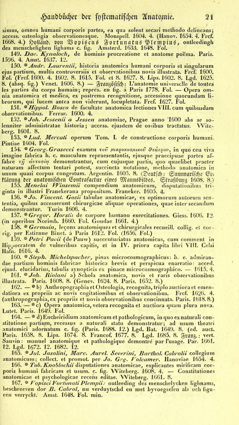 simus, omnes humani corporis partes, ea qua solent secari methodo delineans; access. osteologia observationesque. Monspell. 1604. 4. (Hanov. 1654. 4. Frcf. 1668. 4.) Spottänb. bon 23opt6cu£ $ortttnatu3 sjHemptuS, ontleedingh des menscbelighen lighams c. fig. Amsterd. 1635. 1648. FoJ. 149. Dav. Kynaloch, de hominis procreatione et anatome poema. Paris. 1596. 4. Amst. 1637. 12. 150. & Andr. Laurentii, historia anatomica humani corporis et singularum ejus partium, multis controversiis et observationibus novis illustrata. Frcf. 1600. FoJ. (Frcf. 1600. 4. 1602. 8. 1615. FoJ. et 8. 1627. 8. Lips. 1602. 8. Lgd. 1625. 8. (absq. fig.) Venet. 1606. 8.) — ^ran^Öftfcf): L’anatomie universelie de toutes Jes parties du corps humain; repres. en hg. ä Paris 1778. Fol. — Opera om- nia anatomica et medica, ex postrema recognitione, accessione quorundam li- brorum, qui Jucem antea non viderunt, Jocupletata. Frcf. 1627. Fol. 151. ^ Hippol. Bosco de facultate anatomica Jectiones VIII. cum quibusdam observationibus. Ferrar. 16Ö0. 4. 152. * Joh. Jessenii a Jessen anatomiae, Pragae anno 1600 abs se so- lenniter administratae historia; access. ejusdem de ossibus tractatus. Wite- berg. 1601. 8. 153. ^ Lud. Mercati operum Tom. I. de constructione corporis humani. Pintiae 1604. Fol. 154. & Georg. Grasecci examen rov tmiyoxoG/uHov &zutqov, in quc» ceu viva imagine fabrica h. c. masculum repraesentantis, ejusque praecipuae partes af- fabre rfj dvroxpia demonstrantur, cum cujusque partis, quo quaelibet praeter naturam affectum tentari potest, succincta notatione, methodo anatomica in unum quasi Corpus congestum. Argentin. 1605. 8. (T»Ctttfd): J4ät’un0 i>er anatomifrf)en (Jontrafactur eiltet 9)fann£lult>e$. ©tfafj&uvg 1608. 8.) 155. Menelai PVinsemii compendium anatomicum, disputationibus tri - ginta in illustri Franekerana propositum. Franeker. 1605. 4. 156. * Jo. Hincent. Gosii tabulae anatomicae, ex optimorum autorum sen- tentia, quibus accesserunt chirurgicae aliquae operationes, quae inter secandum demonstrantur. Turin 1606. 4. 157. ^Gregor. Llorstii de corpore humano exercitationes. Giess. 1606. 12- (in operibus Norimb. 1660. Fol. Goudae 1661. 4.) 158. % Germain, Jerons anatomiques et chirurgicales recueill. colJig. et cor- rig. per Estienne ßinet. a Paris 1612. Fol. (1656. Fol.) 159. ® Petri Pavii (de Pauw) succenluriatus anatomicus, cum comment in Hipoocratem de vulneribus capitis, et in IV. priora capita libri ViTI. Celsi Hafn. 1616. 4. 160. ^ Sleph. Michelspacher, pinax microcosmographicus: h. e. admiran- dae partium hominis fabricae historica brevis et perspicua enarratio: aceed. ejusd. elucidarius, tabuüs synopticis ex pinace microcosmographico. — 1615. 4. 161. & Joh. Biolani a) Schola anatomica, novis et raris observationibus illustrata. Paris. 1608. 8. (Genev. 1624. 8. Paris. 1652. 8.) 162. — ** b) Anthropographia et Osteologia, recognita, triplo auctiora et emen- datiora ex propriis ac novis cogitationibus et observationibus. Frcf 1626. 4. (anthropographia, ex propriis et novis observationibus concinnata. Paris. 1618. 8.) 163. —^c) Opera anatomica, vetera recognita et auctiora quam plura nova. Lutet. Paris. 1649. Fol. 164. —^ d)Encheiridium anatomicum et pathologicum, in quo exnaturali con- stitutione partium, recessus a naluraü statu demonstratur; ad usum theatri anatomici adornatum c. hg. (Paris. 1688. 12.) Lgd. Bat. 1649. 8. (ed. auct. Paris. 1658. 8. Lips. 1674. 8. Francof. 1677. 8. Lgd. 1685. 8. vert* Sauvin : manuel anatomique et patbologique demontre par l’usage. Par. 1661. 12. Lgd. 1672. 12. 1682. 12. 165. % Jul. Jasolini, Marc. Aurel. Scverini, Barthol. Cabrolii collegium anatomicum; collect, et promot. per Jo. Grg. Holcamer. Hanoviae 1654. 4. 166. & Tob. Knoblochii disputationes anatomicae, explicantes mirihcam cor- poris humani fabricam et usum. c. hg. Witeberg. 1608. 4. — Constitutiones anatomicae et psychologicae recens editae. Witeberg. 1661. 8. 167. % Vopisci FortunatiPlempii: ontleeding des menschelycken lighnams, beschreeven dor B. Cabrol, nu verduytschd en raet byvoegzelen als och Figu- ren verryckt. Amst. 1648. Fol. min.