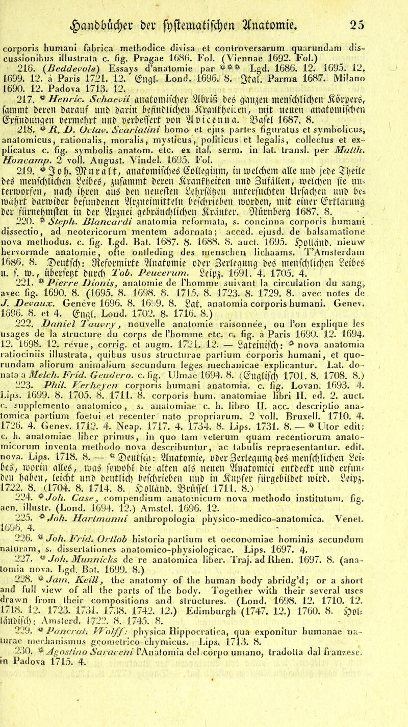 corporis humani fabrica methodice divisa et controversarum quarundam dis- cussionibus illustrata c. fig. Pragae 1686. Fol» (Viennae 1692. Fol.) 216. {Reddecola) Essays d’anatomie par ****** Lgd. 1686. 12. 1695. 12. 1699. 12. ä Paris 1721. 12. (£ug(. Lond. 1696. 8. 3tub Parma 1687. Milano 1690. 12. Padova 1713. 12. 217. * Henric. Schaevii anötonufcher 2ffrri| beb ganzen menfcf)titf)en ivörperb, fammt bereit barauf unb bartn beftnblicben 5iranfl)euen, mit neuen auatomijchen ßrrftubungen oermebrt unb üerbeffert »on Qloicenna. 23afel 1687. 8. 218. ^ R.D. Qctav. Scarlaiini bomo et ejus partes figuratus et symbolicus, anatomicus, rationalis, moralis, mysticus, politicus et legalis, collectus et ex- plicatus c. fig. symbolis anatom. etc. ex ilal. serm. in lat. transl. per Matth. Honcamp. 2 voll. August. Yindel. 1695. Fol. 219. ** 3 ob- 91?uralt, anatütnifcbeb (Megiitm, in welchem alle unb jebe Steile beb menfd)tid)en Seibeb, $ufammt bereit itranll)eiten unb 3ufällen, melden fte \m termorfen, nad) ihren aub beu tteueflen 2ebr|apen unterfud)ten Urfad)eu unb be^ mabrt barmiber befunbenen Arzneimitteln befrimeben morben, mit einer (S'rtlarung ber fürnebmften in ber ^Ir^nei gebräuchlichen iträuter. Nürnberg 1687. 8. 220. % Steph. Rlancardi anatomia reformata, s. concinna corporis humani dissectio, ad neotericorum mentem adornata; acced. ejusd. de balsamatione nova methodus. c. fig. Lgd. Bat. 1687. 8. 1688. 8. auct. 1695. 5pott(tUb. nieuw hervormde anatomie, ofte ontleding des menschen licbaams. T’Amsterdam 1686. 8. ®eutfd): Oteformirte Anatomie ober Beilegung beb meufd)iid)en Seibeb tt. f. tu., überfejjt burd) Tob. Peucerum. Seip^. 1691. 4. 1705. 4. 221. ** Pierre Dionis, anatomie de fhomme suivant la circulation du sang, avec fig. 1690. 8. (1695. 8. 1698. 8. 1715. 8. 1723. 8. 1729. 8. avec notes de J. Devauoc. Geneve 1696. 8. 1699. 8. 2at. anatomia corporis humani. Genev. 1696. 8. et 4. (£ng(. Lond. 1702. 8. 1716. 8.) 222. Daniel Tauvrj, nouvelle anatomie raisonnee, ou l’on explique les usages de la structure du corps de I’homme etc. c. fig. ä Paris 1690. 12. 1694. 12. 1698. 12. revue, corrig. et augm. 1721. 12. — Sateittifd): * nova anatomia ratiociniis illustrata, quibus usus struclurae parlium corporis humani, et quo- rundam aliorum animalium secundum leges mecbanicae explicantur. Lat. do- nata a Melch. Frid. Geudero. c. fig. Ulmae 1694. 8. ((2'ltg(ifd) 1701. 8. 1708. 8.) ,223. Phil. Kerhejen corporis humani anatomia. c. fig. Lovan. 1693. 4. Lips. 1699. 8. 1705. 8. 1711. 8. corporis hum. anatomiae libri II. ed. 2. auct. c. supplemento anatomico, s. anatomiae c. h. libro II. acc. descriptio ana- tomica partium foeiui et recenter näto propriarum. 2 voll. Bruxell. 1710. 4. 1726. 4. Genev. 1712. 4. Neap. 1717. 4. 1734. 8. Lips. 1731. 8. — * Utor edit: c. b. anatomiae Jiber primus, in quo tarn veterum quam receniiorum anato- micorum inventa methodo nova describuntur, ac tabulis repraesentantur. edit. nova. Lips. 1718. 8. — ** 2)eutjü): Anatomie, ober Beilegung beb menfchlichen Sei« beb, worin alleb, wab jbmobl bie alten alb neuen Anatomici entbedt unb erfun« beu haben, leicf)t unb beutlicf) betrieben unb in Tupfer fiirgebilbet tüirb. Seipz. 1722. 8. (1704. 8. 1714. 8. £otl,änb. Trüffel 1711. 8.) 224. %Joh. Case, compendium anatomicum nova methodo institutum. fig. aen. illustr. (Lond. 1694. 12.) Amstel. 1696. 12. 225. % Joh. Hartmanni antbropologia pbysico-medico-anatomica. Yenet. 1696. 4. - 226. **Joh.Frid. Ortlob historia partium et oeconomiae hominis secundum nalUram, s. dissertationes anatomico-physiologicae. Lips. 1697. 4. 227. $ Joh. Munnicks de re anatomica über. Traj. ad Rhen. 1697. 8. (ana- tomia nova. Lgd. Bat. 1699. 8.) 228. % Jam. Keill, the anatomy of the human body abridg’d; or a short and full view of all the parts of the body. Together with their several uses drawn from their compositions and structures. (Lond. 1698. 12. 1710. 12. 1718. 12. 1723. 1731. 1738. 1742. 12.) Edinburgh (1747. 12.) 1760. 8. Spoh liinbifd): Amsierd. 1722. 8. 1745. 8. 229. ^ Pancral. VFolff: physica Hippocralica, qua exponitur humanae na- turae mechanismus geometrjco-chymicus. Lips. 1713. 8. 230. ** Agostino Saräceni 1’Anatomia del corpo umano, tradotta dal franzese. in Padova 1715. 4.