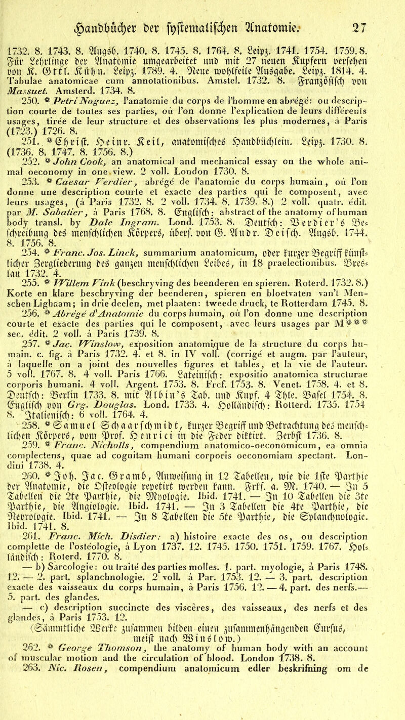 1732. 8. 1743. 8. Sfugiß. 1740. 8. 1745. 8. 1764. 8. Seip^. *1741. 1754. 1759.8. <yur gelinge ber Anatomie uttigcarbeitet mit» mit 27 neuen Tupfern verfemen non ©ttb 5titbtt. 1789. 4. Oleue wohlfeile 2fu£gabe. geip^ 1814. 4. Tabulae anatomicae cum annotationibus. Amstei. 1732. 8. $“pan$Öftfcf) POtt Massuet. Amsterd. 1734. 8. 250. * PetriNoguez, Fanatomie du corps de l’bomme en abre'ge': ou descrip- lion courte de toutes ses parties, oü Ton donne 1’explication de leurs diffe'renls usages, tire'e de leur structure et des observations les plus modernes, a Paris (1723.) 1726. 8* 251.. ipetnr. 5v ei 1, «natomifcfee^ iöanbbüd)lein, 2eip$. 1730. 8. (1736. 8i 1747. 8. 1756. 8.) 252. % John Cook, an anatomical and mechanical essay on the whole ani- mal oeconomy in one.view. 2 voll. London 1730. 8. 253. ** Caesar Ferdier, abrege de Fanatomie du corps humain , oü l’on donne une description courte et exacte des parties cjui le composent, avec leurs usages, (ä Paris 1732. 8. 2 voll. 1734. 8. 1739. 8.) 2 voll, quatr. edit. par M. Sabatier , ä Paris 1768. 8. ©ttg(ifd): abstract of the anatomy ofhuman body transl. by Dale Ingram, Lond. 1753. 8. 7)eutfd): 23 ei*bi Cp’3 23es fdfmbung be$ menfd)(id)en ilberf. Pott ©. Qfnbr. ©eifd). Qlugeb. 1744. 8. 1756, 8. 254. & Franc. Jos. Linck, summarium anatomicum, ober but^ei’23egptff fünft* lid)er 3ergüeberung be6 ganzen menfd)dd)en Seibeä, in 18 praelectionibus. S3re^- (an 1732. 4. 255. * Willem Fink (bescbryving des beenderen en spieren. Roterd. 1732. 8.) Körte en klare bescbryving der beenderen, spieren en bloetvaten van’t Men- schen Ligbaam; in drie deelen, metplaaten: tweede druck, te Rotterdam 1745. 8. 256. & Abrege cCAnatomie du corps humain, oü Fon donne une description courte et exacte des parties qui le composent, avec leurs usages par sec. ddit. 2 voll, a Paris 1739. 8. 257. ** Jac. VFinslow, exposition anatomi,que de la structure du corps bu- main. c. fig. ä Paris 1732. 4. et 8. in IV voll, (corrige et augm. par Fauteur, a laquelle on a joint des nouvelles figures et tables, et la vie de Fauteur. 5 voll. 1767. 8. 4 voll. Paris 1766. gatetttifcf): expositio anatomica structurae corporis bumani. 4 voll. Argent. 1753. 8. Fr cf. 1753. 8. Venet. 1758. 4. et 8. Seutfd): Berlin 1733. 8. mit 21 t u ’ ö &ab. unb 3vttpf. 4 Z1)te. SÖafel 1754. 8. dtiglifd) POtt Grg. Douglas. Lond. 1733. 4. Spollättbifd): Rotterd. 1735. 1754 8. Btaltemfd): 6 voll. 1764. 4. 258. * @ a nt u e b @ d) a a t* f d) nt i b t, Furier begriff unb 55etrad)tung beo menfd)® lid)en Körpers, oom JProf. 5p e n v i c t in bie $eber bibtirt. B erb fl 1736. 8. 259. * Franc. Nicholls, compendium anatomico-oeconomicum, ea omnia complectens, quae ad cognitam bumani corporis oeconomiam spectant. Lon- dini 1738. 4. 260. *B.ob- Bac. ©ramb, Qfntoeifang in 12 fabelten, wie bie Xfte sjkrtßie bev Anatomie, bie Dfleobogie repetirt werben bann. $rbf. a. 1740.— Btt 5 Tabellen bie 2te ^)artf)ie, bie Apologie. Ibid. 1741. — Btt 10 Tabellen bie 3fc ^artbie, bie Qfngiologie. Ibid. 1741. — B« 3 &abetfen bie 4te tycivfyit, bie Bleprologie. Ibid. 1741. — Btt 8 fabelten bie 5te ^arlbi^/ bie @piand)ttoIogie. Ibid. 1741. 8. 261. Franc. Mich. Disdier: a) histoire exacte des os, ou description complette de Foste'ologie, ä Lyon 1737. 12. 1745. 1750. 1751. 1759. 1767. 5yoL länbifd): Roterd. 1770. 8. ^ — b) Sarcologie: ou traite' des parties molles. 1. part. myologie, a Paris 1748. 12. — 2. part. splanchnologie. 2 voll, a Par. 1753. 12. — 3. part. description exacte des vaisseaux du corps humain, a Paris 1756. 12. — 4. part. des nerfs.— 5. part. des glandes. — c) description succincte des visceres, des vaisseaux, des nerfs et des glandes, a Paris 1753. 12. (@änunt(id)e Serbe $nfammen bilben-einen ^ufammenbängenben (üutrfuä, meift nad) SitttHow.) 262. ^ George Thomson, the anatomy of human body with an account of muscular motion and the circulation of blood. London 1738. 8. 263. Nie. Rosen, compendium anatomicum edler beskrifning om de