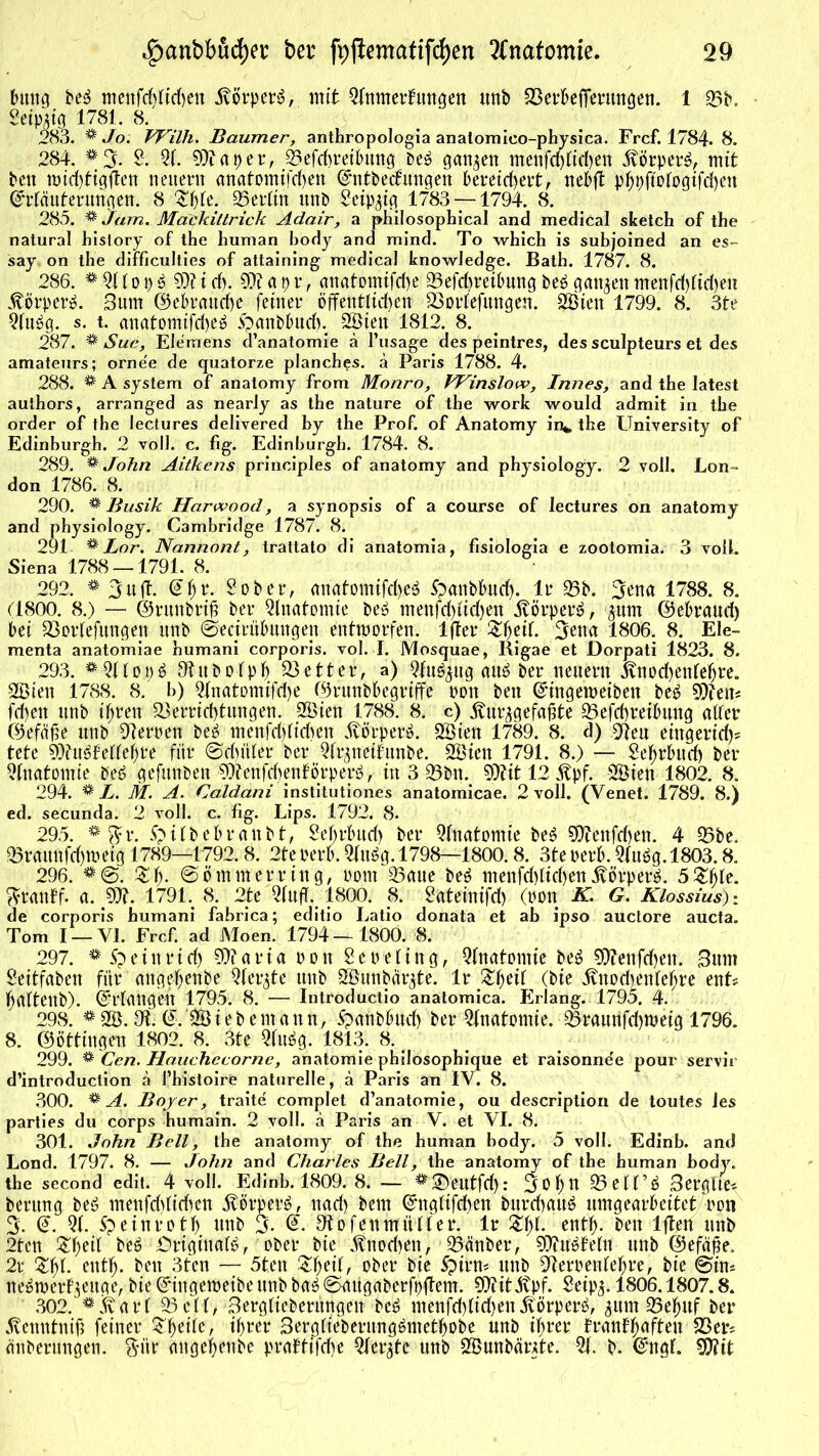 Dung beö menfd)lid)en 5vörperö, mit 2fnmerf ungen unb 23erbefferitngen. 1 33b. Seipaig 1781. 8. 283. % Jo. Willi. Baumer, anthropologia analomico-physica. Fr cf. 1784. 8. 284. #3»- & 2f. 93? aper, 23efchreibung beö ganzen menfchlicheu ivörperä, mit ben mid)tigffen neuem anatomischen ©ntbecfungeu bereichert, nebft p^t>ftofogtfd>cu Erläuterungen. 8 £f)lo; 35erlin unb Seip^ig 1783 — 1794. 8. 285. % Jam. Mackiltrick Adair, a philosophical and medical sketch of the natural ihistory of the human body and mind. To which is subjoined an es- say on the difficulties of attaining medical knowledge. Bath. 1787. 8. 286. • 31 lo p $ 93? i rf). 93? a p r, anatomifche 33efd)reibung beö ganzen menfd)lid)en Körper». 3um Gebrauche feiner öffentlichen 23orlefungen. SÖtett 1799. 8. 3te 2fu$g. s. t. anatontifd)e$ Spanbbudj. 2©ien 1812. 8. 287. % Sue, Eiemens d’anatomie ä l’usage des peintres, des sculpteurs et des amateurs; ornee de quatorze planches. ä Paris 1788. 4. 288. ® A System of anatomy from Monro, Winslow, Innes, and the latest authors, arranged as nearly as the nature of the work would admit in the Order of the lectures delivered by the Prof, of Anatomy in* the University of Edinburgh. 2 voll. c. fig. Edinburgh. 1784. 8. 289. ® John Aitkens principles of anatomy and physiology. 2 voll. Lon- don 1786. 8. 290. * Busik Iiarwood, a synopsis of a course of lectures on anatomy and physiology. Cambridge 1787. 8. 291 ® Lor. Nannont, trattato di anatomia, fisiologia e zootomia. 3 voll. Siena 1788 — 1791. 8. 292. * 3«ff. @fjr. 2ober, anatomifche^ fpanbbud). Ir 33b. 3ena 1788. 8. (1800. 8.) — ©runbriff ber 3lnatomie beö menfd)lid)en jtörperä, ^um ©ebraud) bei 23orlefungep unb @ectrübungen entworfen. Iffer Zf)dl 3ena 1806. 8. Eie« menta anatomiae humani corporis, vol. I. Mosquae, Rigae et Dorpati 1823. 8. 293. #3llopö 9?ttbolph. 23etter, a) 2fit^ug auö ber neuern jvnodjenlefjre. Sßien 1788. 8. b) 3lnatomifd)e ©runbbegriffe rott ben ©ingeweiben beö 93?eit? fd)en unb ihren Verrichtungen. 2Bien 1788. 8. c) Pvur^gefaüte 33efchreibitng aller ©efäjte unb 9?emen beä tnenfdffidmt Äörperö. 2öien 1789. 8. d) Veit eittgerid)? tete 93?uöfelfebre für @d)itler ber Qlrpeifunbe. SBien 1791. 8.) — Sehrbud) ber 2lnatontie beö gefmtbeit 93?enfd)enförper3, tu 3 33bn. 93?it 12 .ftpf. Sien 1802. 8. 294. % L. M. A. Caldani institutiones anatomicae. 2 voll. (Venet. 1789. 8.) ed. secunda. 2 voll. c. fig. Lips. 1792. 8. 295. * $r. Spilbebranbt, Sehrlutd) ber Qlnatomie beS 93?eitfd)en. 4 35be. 33raunfd)tretg 1789—1792.8. 2te rerb. Qfuög. 1798—1800.8. 3te nerb. 2luög. 1803.8. 296. Zf). 0ö mm er ring, Pom 33aue beö menfd)lid)en jvörperö. 5&hle. ftranff. a. 93?. 1791. 8. 2te Qluff., 1800. 8. 2ateinifd) (ron K. G. Kiossius): de corporis humani fabrica; editio Latio donata et ab ipso auctore aucta. Tom I —Yl. Fr cf. ad Moen. 1794—1800, 8. 297. * $ ein rieh 93?arta pou Scoeling, Anatomie be£ 93?enfd)en. 3um Seitfaben für angefjenbe 2fer$te unb SBunbäqte. Ir Zf)äf (bie jvnod)enlehre ent? haltenb). ©rlangen 1795. 8. — Introductio anatomica. Erlang. 1795. 4. 298. 9t ©. ’SBiebemann, 5panbbud) ber Anatomie. Vraunfd)weig 1796. 8. ©öttiugen 1802. 8. 3te 2luög. 1813. 8. < 299. % Cen. Hauchecorne, anatomie phiJosophique et raisonnee pour servir d’introduction a l’histoire naturelle, a Paris an IV. 8. 300. % A. Boy er, traite complet d’anatomie, ou description de toutes les parties du corps humain. 2 voll, a Paris an V. et YI. 8. 301. John Bell, the anatomy of the human hody. 5 voll. Edinb. and Lond. 1797. 8. — John and Charles Bell, the anatomy of the human body. the second edit. 4 voll. Edinb. 1809. 8. — #®eutfd): 3ohn 35eH’Ö Berglte? berung beö menfdffichen ^örperö, nad) beut ©nglifchen burchauö umgearbeitet pon 3- ©. 21. Speinroth unb 3- ©• 9?ofenmüller. Ir Zf)l entf). ben lffen unb 2tcn ^l)eil beö £)rtgina(ö, ober bie .fnod)en, 33äuber, 93?uöfelu unb ©efäfe. 2r Zf){. en tf). ben 3tcn — 5t.en &fjeil, ober bie 5pirn? unb 9?erpenlefjre, bie @in? neötper^ettge, bie ©tngemeibe unb baö ©aitgaberfpffem. 93?ititpf. 2eip^. 1806.1807.8. 302. #j^aiT 33eil, Berglieberitngen beö menfd)lid)enivörperö, ^um 33e^ttf ber jlenutniff feiner Zfyik, ihrer 3erg(ieberungömethobe unb ihrer franfhufteu 23er? äubernngen. 3uir angeheitbe prafftfebe Qler^te unb SKunbänte. 21. b. ©ngf. 93?it