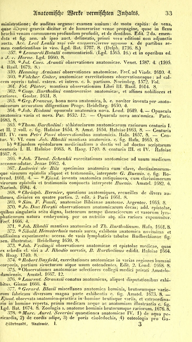 ministratione; de auditus organo: examen ossium: de motu capitis: de vena, quae aQvy(»q graecis dicitur et de humerariae venae propagine, quae in flexu brachii venam communem profundam profudit, et de dentibus. Edit. 2 da. emen- data et fig. aen. ab ipso auct. deiineatis, priori vero editioni non adjunclis aucta. Acc. Leal Lealis ntgl rollv OTieQ^aT^ovroiv oQyavorv s. de partibus Se- men conficientibus in viro. Lgd. Bat. 1707. 8. (Delph. 1736. 8.) 357. ® LeonardiBotalli commentarioli. (Lgd. 1565. 16.) et in operibus ed, a «/. Home. Lgd. 1660. 8. 358. ^ Jul. Ccies. Araritii observationes anatomicae. Venet. 1587. 4. (1595. 4. Basil. 1679. 8.) 359. Henning Arnisaei observationes anatomicae. Frcf. ad Viadr. 1610. 4. 360. ** Folcher Coiter, anatomicae exercilationes observationesque : ad cal- cem operis: tabu!, extern, et intern, c. h. partium. Noriinbrg. 1572. Fol. 361. Fel. Plater, mantissa observationum Libri 111. Basil. 1614. 8. 362. ® Casp. Bartholini controversiae anatomicae, et affines nobiiiores et rariores. Goslar. 1631. 8. 363. ** Grg.Francas, bona nova anatomica, b. e. noviter inventa per anato- micorum accuratam diligentiam Progr. Heidelbrg. 1650. 4. 364. % Joh. Iliolani opuscula anatomica nova. Lond. 1649. 4.— Opuscula anatomica varia et nova. Par. 1652. 12. — Opuscula nova analomica. Paris. 1683. 8. 365. &Thom. Bartholini: a) bistoriarum anatomicarnm rariorum centuria I. et II. 2 voll. c. fig. Hafniae 1654. 8. Amst. 1654. Hafniael663. 8. — Centuria III. IV. cum Petri Pawi observationibus anatomicis. Hafn. 1657. 8. _ Cen- tur. V. VI. cum Joh. Rhodii mantissa anatomica. c. fig. Hafn. 1665. 8. b) ^Ejusdem epistolarum medicinalium a doctis vel ad doctos scriptarum centuria I. II. Hafniae 1663. 8. Haag. 1740. 8. centuria III. et IV. Hafniae 1667. 8. 366. % Joh. Theod. Schenkii exercilationes anatomicae ad usum medicum accommodatac. Jenae 1662. 4. 367. Ludovici de Bits specimina anatomica cum clave, doctissimorum- que virorum epistolis aliquot et testimoniis, inlerprete G. Buenio. c. fig. Ro- terod. 1661. 4. — &Ejusd. inventa anatomica antiquinova, cum clarissimorum virorum epistolis et testimoniis conjuncta interprete Buenio. Amstel. 1682. 4. Norimb. 1684. 4. 368. & Christph. Bernier, questions anatomiques, recueilles de divers au- theurs, divisees en quatre parties. 2. edit. ä Paris 1661. 8. 369. * Sirn. F. Pauli, anatoiniae Bilsianae anatome. Argenlor. 1665. 8. 370. & Jo. Jüan Horstii observationum anatomicarnm decas; add. episiolae, quibus singularia scitu digna, lacteorum nempe tboracicorum et vasorum lym- phaticorum natura embryonisq. per os mztriiio atq. alia rariora cxponuniur. Fr cf. 1666. 4. 371. % Joh. Rhodii mantissa anatomica ad Th. Bartholinum. Hafn. 1661.8. 372. & Sibald. Hemsterhuis messis aurea, exbibens anatomica novissima et utilissima experimenta: access. de vasis lympbaticis tabulae Rudbeckianae fi<*. aen. illustratae. Heidelberg 1659. 8. 373. ® Joh. Feslingii observationes anatomicae et epistolae medicae, quas ex scbedis cl. viri a ./. Rhodio servatis, B. Bartholinus edidit. Hafniae 1664 8. Haag. 1740. 8. 374. * Robert Bayfield, exercitationes anatomicae in varias regiones bumani corporis, partium structuram atque usum ostendentes. Edit. 2. Lond. 1668. 8. 375. ^Observationes anatomicae selecliores collegii medici privati Amstelo- damiensis. Amstel. 1667. 12. 376. & Laurent. Straussii conatus anatomicus, aliquot disputationibus exbi- bitu.s. Gissae 1666. 4. 377. & Gerard. Blasii miscellanea anatomica hominis, brutorumque vario- rum fabricam diversam magna parte exbibentia c. fig. Amstel. 1673. 8. Fjusd. observala anatomico-practica in 'bomine brutisque variis, et extraordina- rio in bomine reperta, praxin medicam aeque ac anatomiam illustranlia c. fig. Lgd. Bat. 1674. 8. Zoologia s. anatome bominis brutorumque rariorum. 1676.8. 378. & More. Aurel. Severini quaestioncs anatomicae IV. 1) de aqua pe- ricardia, 2) de cordis adipe, 3) de poris cboledochis, 4) osteologia pro Ga- Jpitbe&rattM, Anatomie. 1. 3