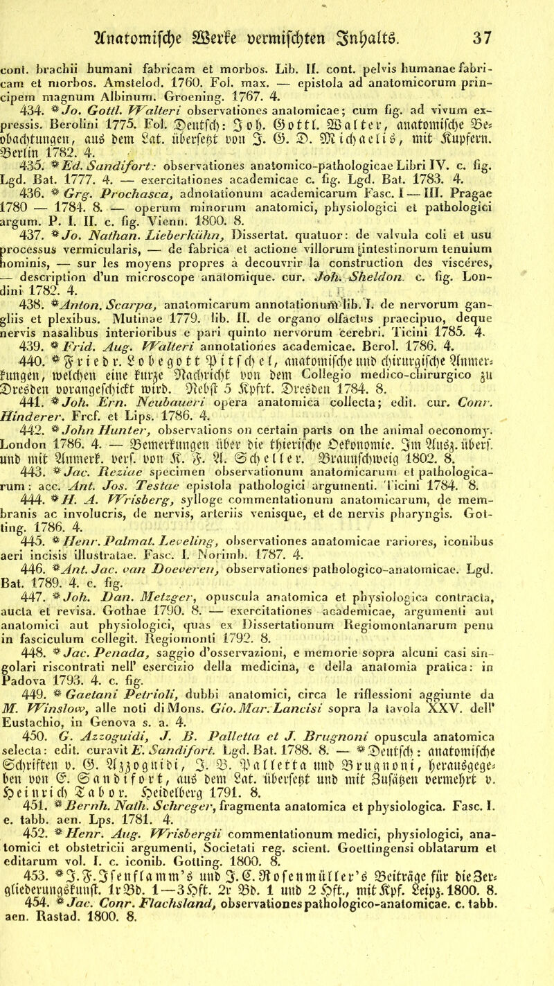 cont. brachii bumani fabricam et morbos. Lib. II. cont. pelvis humanae fabri- cam et morbos. Amsteiot!. 1760. Fol. max. — epistola ad anatomicorum prin- cipem magnum Albinum. Groening. 1767. 4. 434. &Jo. Gottl. VFalteri observationes anatomicae; cum fig. ad vivum ex- pressis. Berolini 1775. FoJ. ©eutfri): 3 b b- ©ottl. Söalter, anatomifdje Q3e* obad)tungen, auö bem Sat. iiberfeöt t-oit 3- ©• 3). SSJiidjaeliä, mit Tupfern. Berlin 1782. 4. 435. & Ed. Sandifort: observationes anatomico-pathologicae Libri IV. c. fig. Lgd. Bat. 1777. 4. — exercilationes academicae c. fig. Lgd. Bat. 1783. 4. 436. & Grg. Prochasca, adnotationum academicarum Fase. I — III. Pragae 1780 — 1784. 8. — operum minorum anatornici, pbysiologici ei pathologici argum. P. I. II. c. fig. Vienn. 1800. 8. 437. *Jo. Nathan. Lieb erkühn, Dissertat. quatuor: de valvula coli et usu processus vermicularis, — de fabrica et actione yillorum pntestinorum tenuium hominis, — sur les moyens propres ä decouvrir la construction des visceres, — description d’un microscope anatomique. cur. Joh. Sheldon. c. fig. Lon- dini 1782. 4. , F 438. & Anton. Scarpa, anatomicarum annotationuffi lib. I. de nei’vorum gan- gliis et plexibus. Mutinae 1779. lib. II. de organo olfactus praecipuo, deque nervis nasalibus interioribus e pari quinto nervorum cerebri. Ticini 1785. 4. 439. & Frid. Aug. VFalteri annotatiories academicae. Berol. 1786. 4. 440. <* % r i e b r. 2 o b e g d 11 ty i t f cf) e I, mtrttonufcfye tmb d)intrgtfd)e Qlnmet* Büttgen, melden eine fur^e 50ad)rid)t bon bem Collegio medico-chirurgico $u 2)re£ben borattgefd)icft wirb. 3ieb(t 5 5vpfrt. £>re6ben 1784. 8. 441. %Joh. Ern. Ncubaueri opera anatomica collecta; edit. cur. Cont. Hinderet'. Frcf. et Lips. 1786. 4. 442. & John Hunter, observations on certain paris on tbe animal oeconomy. London 1786. 4. — 35emerfungen über bie tf)ierifd)e £>ebonomie. 3m Qluäg. überf. unb mit OlnmerL berf. bott St. %. QI. @ d) e Ü e r. Q5ramtfd)ibctg 1802. 8. 443. & Jac. Reziae specimen observationum anatomicarum et pathologica- rum : acc. Arit. Jos. Testae epistola pathologici argumenti. Ticini 1784. 8. 444. #H. A. Wrisberg, sylloge commentationum anatomicarum, de mem- branis ac involucris, de nervis, arteriis venisque, et de nervis pharyngis. Got- ting. 1786. 4. 445. & IIenr. Palmat. Leveling, observationes anatomicae rariores, iconibus aeri incisis illustratae. Fase. I. Noiirnb. 1787. 4. 446. &Ant.Jac. van Doeveren, observationes pathologico-anatomicae. Lgd. Bat. 1789. 4. c. fig. 447. % Joh. Dan. Metzger, opuscula anatomica et physiologica contracta, aucla et revisa. Gothae 1790. 8. — exercitationes academicae, argumenti aut anatornici aut physiologici, quas ex Dissertationum Regiomontanarum penu in fasciculum collegit. Regiomonti 1792. 8. 448. # Jac. Penada, saggio d’osservazioni, e memorie sopra aicuni casi sin- golari riscontrati nell’ esercizio della medicina, e della anatomia pratica: in Padova 1793. 4. c. fig. 449. % Gaetani Petrioli, dubbi anatornici, circa le riflessioni aggiunte da M. Winslow, alle noti diMons. Gio.Mar.Lancisi sopra la tavola XXV. dell’ Eustachio, in Genova s. a. 4. 450. G. Azzoguidi, J. B. Palletta et J. Brugnoni opuscula anatomica selecta: edit. curavit E. Sandifort. Lgd. Bat. 1788. 8. — **3)eutfd): <tttatomifrf)C ©djriften b. ©. 01$$ ogutbt, 3- 03. OJalletta mtb 35rugnont, Ijerauägege* ben bott ©. ©anbifort, au» bem 2at. überfeüt unb mit Sufä^en bermefyrt b. Sp e i n r i d) % a b o r. Vpetbelberg 1791. 8. 451. % Bernh. Nath. Schreger, fragmenta anatomica et physiologica. Fase. L e. tabb. aen. Lps. 1781. 4. 452. * LIenr. Aug. VFrisbergii commentationum medici, physiologici, ana- tomici et obstetricii argumenti, Societati reg. scient. Goettingensi oblatarura et editarum vol. I. c. iconib. Gotting. 1800. 8. 453. **3.$.3fettflamm’$ unb 3.(J. OtofenmüIIer’ö Beiträge für bie3er* glieberungätuuft. lrQ3b. 1 —3Spft. 2r Q3b. 1 unb 2 £>ft., mitjl'pf. &tp$.1800. 8. 454. **Jac. Conr. Flachsland, observationespatnologico-anatomicae. c. tabb. aen. Rastad. 1800. 8.