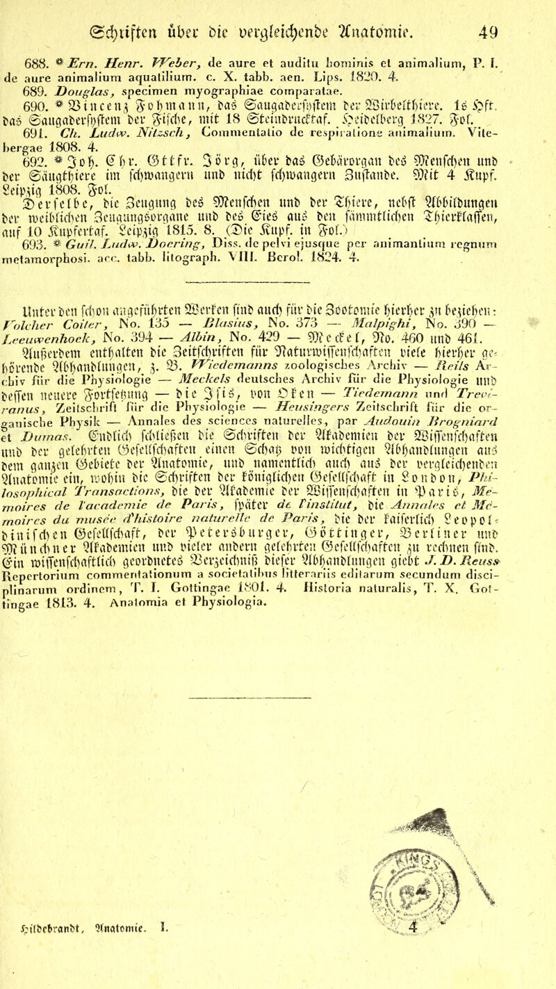 688. ® Ern. Henr. Weber, de aure et auditu hominis et animalium, P. f. de aure animalium aquatilium. c. X. tabb. aen. Lips. 1820. 4, 689. Douglas, specimen myographiae cornparatae. 690. **33incen$ $ oh wann, ba6 Saugaberfpftem ber SÖirbelthicre. 1$ £ft. bab Saugaberfoftent bei* fttfche, mit 18 Steinbrucftaf. £eibelberg 1827. $ol. _ 691. Ch. Ludw. Nitzsch, Commentatio de respiralione animalium. Vite- bergae 1808. 4. 692. @f)v. Ott fr. Borg, übet* ba£ ©eMrorgan beu 50?enfd>en unb ber Scittgt^iere im fd)tpangern unb nicht fd)n>angern Sujtanbe. OXtt 4 jtupf. Seipug 1808. $of. SDerfelbe, bie Beugung be£ Oftenfcbcn unb ber Zf)im, rtcbft 3tbbilbnngett ber weiblichen Seugungsorgäne unb be» Grie6 au» bett fammtlichen &ljierftafTen, auf 10 itupfertaf. Setp^ig 1815. 8. (®te iiupf. in $ol.) / 693. * Guil. Ludw. Doering, Diss. de pelvi ejusque per animanlium regnum metamorphosi. acc. tabb. litograph. \ III. ßcrol. 1824. 4. Unter ben fd)on angeführten Werten ftnb and) für bieSootonüe hierher jtt beuchen: Foleher Coiter, No. 135 — Blasius, No. 373 — Malpighi, No. 390 — Leeuwenhoek, No. 394 — Albin, No. 429 — ?9?Ccfel, Oto. 460 unb 461. Qlufierbem enthalten bie 3eitfd)riften für 24aturwiffenfd)aften riefe hierher ge< horenbe Qft'hanbfungen, g. 33. Wiedemanns zoologisches Archiv — Heils Ar- chiv für die Physiologie — Meckels deutsches Archiv für die Physiologie unb beffen neuere gortfelumg — bie 3fiö, pon Öfen — Tiedemctnn und Trevi- ranus, Zeitschrift für die Physiologie — Heusingers Zeitschrift für die or- ganische Physik — Annales des Sciences naturelles, par Audouin Brogniard et Dumas, ©nblid) fcMief?en bie Schriften ber 31fabemien ber SBiffenfchflffen unb ber gelehrten ©efettfchaften einen 0d)a£ non nichtigen 31bhanblungcn aus bem ganzen ©ebiete ber Anatomie, unb uamcntlid) aud) au» ber rergleichenben Anatomie ein, wohin bie Schriften ber föniglid)en ©efcllfdjaft in Sonbon, Phi- losophical Transactions, bie ber 3Jfabemie bei* 2öi(fenfd)aften in $pari$, Me- moires de l'academie de Paris, fpatei* de Vinstitut, tic Annales et Me- moire s du musee rfhistoire naturelle de Paris, bie bei* fatferlid) SeOpOl* binifd)en ©efettfeftaft, ber Petersburger, ©ottinger, 35 er f in er unb Münchner Qffabemien unb pieler anbern gelehrten ©efettfchaften ^u rechnen ffnb. (4in n)iffenfd)aftlid) georbneteb S3er$ctcbni§ biejer 31bhanb(ungen giebt J.D.Jieus& Repertorium commentationum a societatibus ütterariis edilarum secundum disci- plinarum ordinem, T. I. Gottingae 1801. 4. Historia naturalis, T. X. Got- tingae 1813. 4. Analomia et Physiologia. / JptlbcbranM, Anatomie. 1.