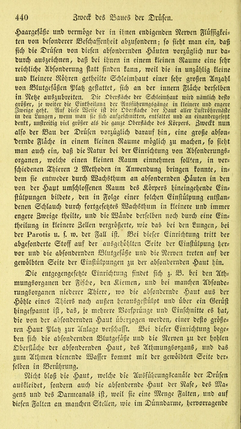 $aargefdpe unb vermöge bet m ihnen enbigenben Heroen glüfftgfei* ten ton befonberer Befchaffenheit abpfonbent: fo fteJjt man ein, bap ftd) bie Stufen oon biefen abfonbernben Rauten uorpglid) nut ba* burd) aug§etd)nen, bap bei ihnen in einem Keinen Staunte eine fehr reichliche 2lbfonberung patt ftnben fann, weit bte in unzählig Keine unb Keinere lohten geteilte ©chletmbaut einet fehr großen 2Cnjäht bon Blutgefdpen sptafc gepattet, ftd) an bet tnnern gleiche berfelben in 2te($e augpbrettcn. ®te Oberftärf>e bet ©d)leimfjaut wirb nämlid) bepo größer, je weitet bte Eiutheiluug bet 9luöfüfjr.utigggäuge in Heinere unb engere Sweige geht. Qlttf biefe Söeife tft bte ö&erfläcbe bet 5paut alter Suftrlfjteüäpe in beu Sungen, wenn man fte ftd) aufgefdjnitten, entfaltet unb an einanbergefe^t beult, unpreittg riet grölet al$ bte gau$e £5berPad)e beö ,ftörper$. S*uedt nun atfo bet Bau bet Stufen oorpgltd) batauf bin, eine grope abfon* betnbe gldche tn einem Keinen Staunte moglid) p machen, fo ft'e^t man auch ein, bap bie Statut bei bet Einrichtung oon 2Cbfonberungg= Organen, welche einen Keinen Staunt einnehmen follfen, in ber* fchiebenen gieren 2 SJtethoben in 2lnwenbung bringen fonnte, in* bem fte entweber burd) 2Sachgthum an abfonbernben Rauten in ben bon bet £aut umfchloffenen Staum beg .Eorpetg bineingebenbe Ein* pülpungen bilbete, ben in golge einet folgen Einpülpung entpan* benen ©dpand) butch fortgefe^teg SBachSthum in Keinere unb immer engere Sweige tbeilte, unb bte SBanbe berfelben noch burch eine Ein* tbeilung in Keinere Sellen bergroperte, wie bag bei ben Sungen, bei bet Parotis u. f. w. bet galt ip. S3ei biefet Einrichtung tritt bet abgefonberte ©toff auf bet auggehohtten (Seite bet Einpülpung her* bot unb bie abfonbernben Slutgefdpe unb bie Heroen treten auf bet gewölbten ©eite bet Einpülpungen 51t bet abfonbernben Spant hin. Sie entgegengefehte Einrichtung ftnbet pch 5- 35. bei ben 2Cth- munggorganen bet gifdje, ben Kiemen, unb bet manchen 2lbfonbe* tunggotganen nieberet Shiere, wo bie abfonbernbe ^aut aug ber ^oblc eineg Sbierg nach aupen bcrauggepulpt unb übet ein ©erüp bingefpannt ip, bag, je mehrere Scrfprünge unb Einfchnitte cg bat, bie bon bet abfonbernben $aut überzogen werben, einer bepo grope* ten vg>aut $lah pr Anlage berfchafft. Sei biefer Einridhtung bege* ben ftd) bie abfonbernben Blutgefdpe unb bie Serben p ber bohlen Sberpdchc bet abfonbernben *£>aut, beg 2(thmunggorgang, unb bag pm 2Kbmen bienenbe SBaffet fomrnt mit ber gewölbten ©eite ber* felben in Berührung. sticht blop bie #aut, welche bte Tlugfübrunggcanale ber Srüfen auSfleibet, fonbern auch bie abfonbernbe $aut ber Stafc, beg SJta* geng unb beg Sarmcanalg ip, weil fte eine Stenge galten, unb auf biefen galten an manchen ©teilen, wie im Sünnbarme, hetborragenbe