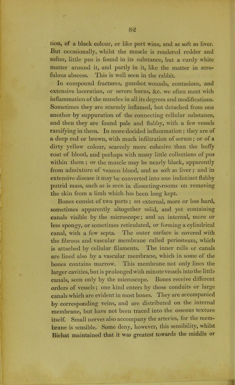 cS2 tion, of a black colour, or like port wine, and as soft as liver. But occasionally, whilst the muscle is rendered redder and softer, little pus is found in its substance, but a curdy white matter around it, and partly in it, like the matter in scro- fulous abscess. This is well seen in the rabbit. In compound fractures, gunshot wounds, contusions, and extensive laceration, or severe burns, &c. we often meet with inflammation of the muscles in all its degrees and modifications. Sometimes they are scarcely inflamed, but detached from one another by suppuration of the connecting cellular substance, and then they are found pale and flabby, with a few vessels ramifying in them. In more decided inflammation ; they are of a deep red or brown, with much infiltration of serum; or of a dirty yellow colour, scarcely more cohesive than the huffy coat of blood, and perhaps with many little collections of pus within them ; or the muscle may be nearly black, apparently from admixture of venous blood, and as soft as liver; and in extensive disease it may he converted into one indistinct flabby putrid mass, such as is seen in dissecting-rooms on removing the skin from a limb which has been long kept. Bones consist of two parts; an external, more or less hard, sometimes apparently altogether solid, and yet containing canals visible by the microscope; and an internal, more or less spongy, or sometimes reticulated, or forming a cylindrical canal, with a few septa. The outer surface is covered with the fibrous and vascular membrane called periosteum, which is attached by cellular filaments. The inner cells or canals are lined also by a vascular membrane, which in some of the bones contains marrow. This membrane not only lines the larger cavities, but is prolonged with minute vessels into the little canals, seen only by the microscope. Bones receive different orders of vessels; one kind enters by those conduits or large canals which are evident in most bones. They are accompanied by corresponding veins, and are distributed on the internal membrane, but have not been traced into the osseous texture itself. Small nerves also accompany the arteries, for the mem- brane is sensible. Some deny, however, this sensibility, whilst Bichat maintained that it was greatest towards the middle or