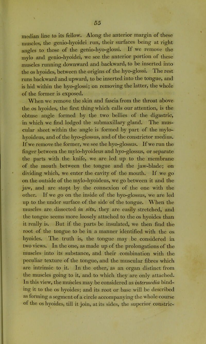 median line to its fellow. Along the anterior margin of these muscles, the genio-hyoidei run, their surfaces being at right angles to those of the genio-hyo-glossi. If we remove the mylo and genio-hyoidei, we see the anterior portion of these muscles running downward and backward, to be inserted into the os hyoides, between the origins of the hyo-glossi. The rest runs backward and upward, to be inserted into the tongue, and is hid within the hyo-glossi; on removing the latter, the whole of the former is exposed. When we remove the skin and fascia from the throat above the os hyoides, the first thing which calls our attention, is the obtuse angle formed by the two bellies of the digastric, in which we find lodged the submaxillary gland. The mus- cular sheet within the angle is formed by part of the mylo- hyoideus, and of the hyo-glossus, and of the constrictor medius. If we remove the former, we see the hyo-glossus. If we run the finger between the mylo-hyoideus and hyo-glossus, or separate the parts with the knife, we are led up to the membrane of the mouth between the tongue and the jaw-blade; on dividing which, we enter the cavity of the mouth. If we go on the outside of the mylo-hyoideus, we go between it and the jaw, and are stopt by the connexion of the one with the other. If we go on the inside of the hyo-glossus, we are led up to the under surface of the side of the tongue. When the muscles are dissected in situ, they are easily stretched, and the tongue seems more loosely attached to the os hyoides than it really is. But if the parts be insulated, we then find the root of the tongue to be in a manner identified with the os hyoides. The truth is, the tongue may be considered in two views. In the one, as made up of the prolongations of the muscles into its substance, and their combination with the peculiar texture of the tongue, and the muscular fibres which are intrinsic to it. In the other, as an organ distinct from the muscles going to it, and to which they are only attached. In this view, the muscles may be considered as intermedia bind- ing it to the os hyoides; and its root or base will be described as forming a segment of a circle accompanying the whole course of the os hyoides, till it join, at its sides, the superior constric-