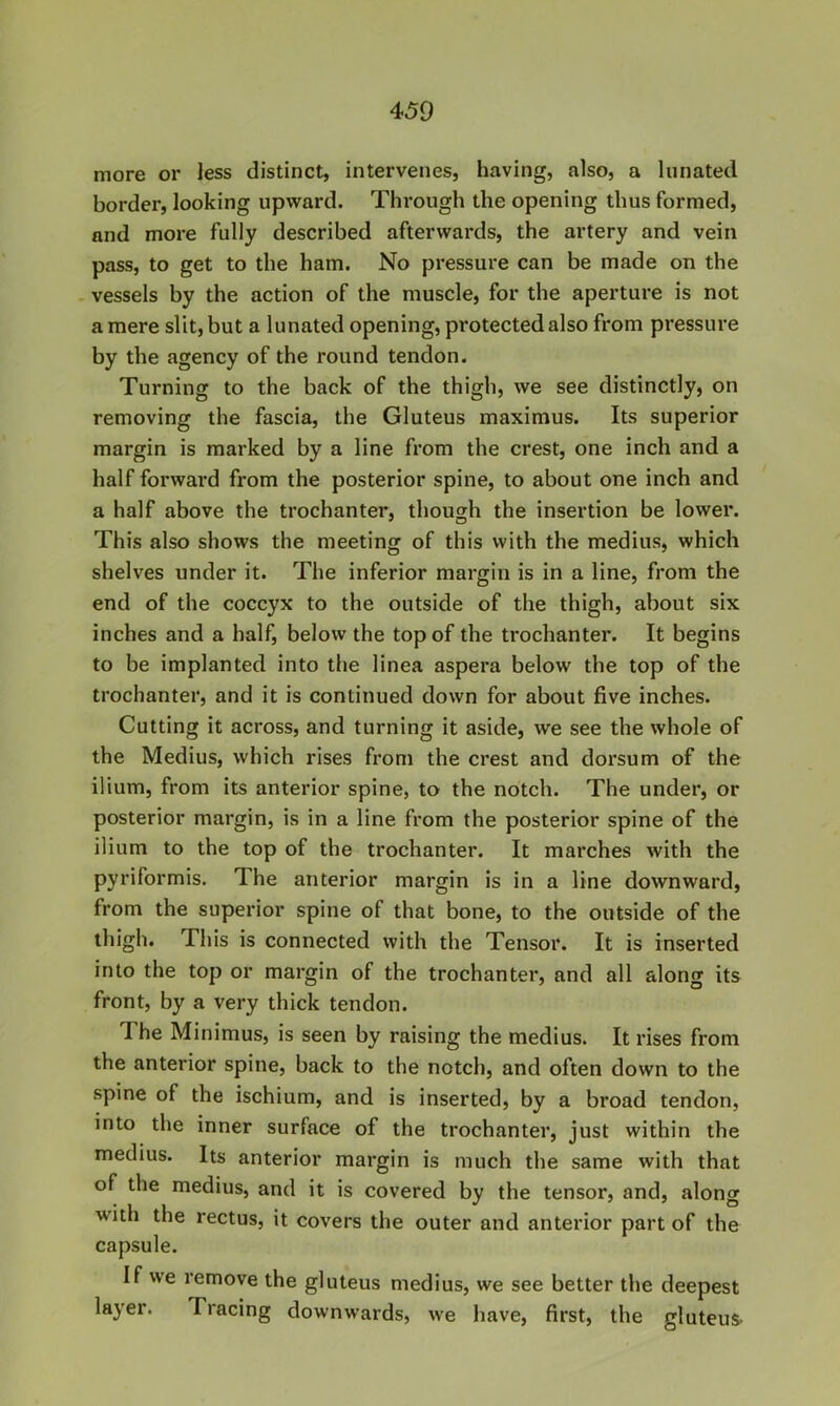 more or less distinct, intervenes, having, also, a lunated border, looking upward. Through the opening thus formed, and more fully described afterwards, the artery and vein pass, to get to the ham. No pressure can be made on the vessels by the action of the muscle, for the aperture is not a mere slit, but a lunated opening, protected also from pressure by the agency of the round tendon. Turning to the back of the thigh, we see distinctly, on removing the fascia, the Gluteus maximus. Its superior margin is marked by a line from the crest, one inch and a half forward from the posterior spine, to about one inch and a half above the trochanter, though the insertion be lower. This also shows the meeting of this with the medius, which shelves under it. The inferior margin is in a line, from the end of the coccyx to the outside of the thigh, about six inches and a half, below the top of the trochanter. It begins to be implanted into the linea aspera below the top of the trochanter, and it is continued down for about five inches. Cutting it across, and turning it aside, we see the whole of the Medius, which rises from the crest and dorsum of the ilium, from its anterior spine, to the notch. The under, or posterior margin, is in a line from the posterior spine of the ilium to the top of the trochanter. It marches with the pyriformis. The anterior margin is in a line downward, from the superior spine of that bone, to the outside of the thigh. This is connected with the Tensor. It is inserted into the top or margin of the trochanter, and all along its front, by a very thick tendon. The Minimus, is seen by raising the medius. It rises from the anterior spine, back to the notch, and often down to the spine of the ischium, and is inserted, by a broad tendon, into the inner surface of the trochanter, just within the medius. Its anterior margin is much the same with that of the medius, and it is covered by the tensor, and, along with the rectus, it covers the outer and anterior part of the capsule. If we remove the gluteus medius, we see better the deepest layer. Tracing downwards, we have, first, the gluteus-