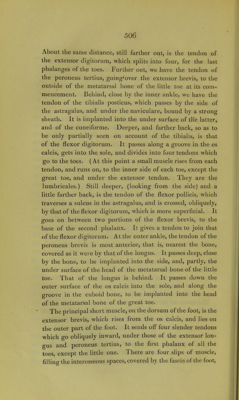 About the same distance, still farther out, is the tendon of the extensor digitorum, which splits into four, for the last phalanges of the toes. Further out, we have the tendon of the peroneus tertius, going-over the extensor brevis, to the outside of the metatarsal bone of the little toe at its com- mencement. Behind, close by the inner ankle, we have the tendon of the tibialis posticus, which passes by the side of the astragalus, and under the naviculare, bound by a strong sheath. It is implanted into the under surface of the latter, and of the cuneiforme. Deeper, and farther back, so as to be only partially seen on account of the tibialis, is that of the flexor digitorum. It passes along a groove in the os calcis, gets into the sole, and divides into four tendons which go to the toes. (At this point a small muscle rises from each tendon, and runs on, to the inner side of each toe, except the great toe, and under the extensor tendon. They are the lumbricales.) Still deeper, (looking from the side) and a little farther back, is the tendon of the flexor pollicis, which traverses a sulcus in the astragalus, and is crossed, obliquely, by that of the flexor digitorum, which is more superficial. It goes on between tw-o portions of the flexor brevis, to the base of the second phalanx. It gives a tendon to join that of the flexor digitorum. At the outer ankle, the tendon of the peroneus brevis is most anterior, that is, nearest the bone, covered as it were by that of the longus. It passes deep, close by the bone, to be implanted into the side, and, partly, the under surface of the head of the metatarsal bone of the little toe. That of the longus is behind. It passes down the outer surface of the os calcis into the sole, and along the groove in the cuboid bone, to be implanted into the head of the metatarsal bone of the great toe. The principal short muscle, on the dorsum of the foot, is the extensor brevis, which rises from the os calcis, and lies on the outer part of the foot. It sends off four slender tendons which go obliquely inward, under those of the extensor lon- gus and peroneus tertius, to the first phalanx of all the toes, except the little one. There are four slips of muscle, filling the interosseous spaces, covered by the lascia of the foot.