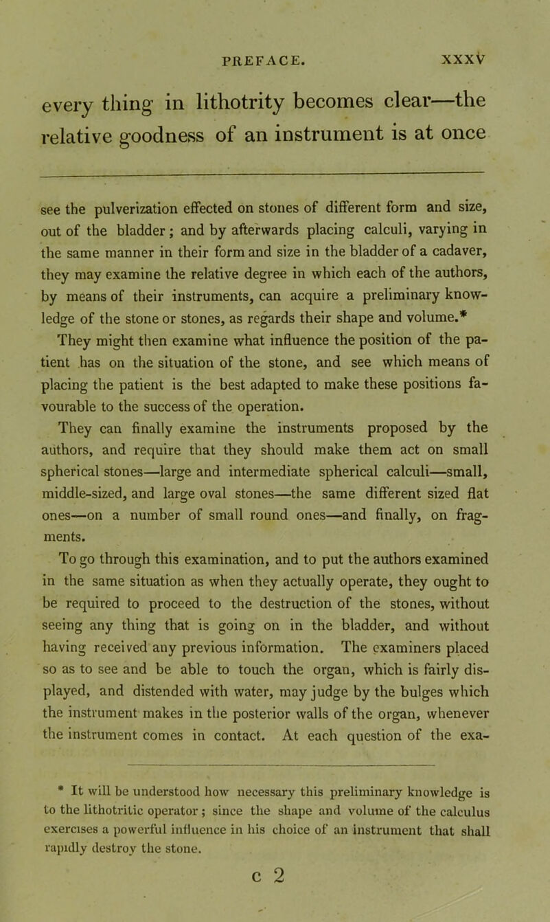 every thing in lithotrity becomes clear—the relative goodness of an instrument is at once see the pulverization effected on stones of different form and size, out of the bladder; and by afterwards placing calculi, varying in the same manner in their form and size in the bladder of a cadaver, they may examine the relative degree in which each of the authors, by means of their instruments, can acquire a preliminary know- ledge of the stone or stones, as regards their shape and volume.* They might then examine what influence the position of the pa- tient has on the situation of the stone, and see which means of placing the patient is the best adapted to make these positions fa- vourable to tbe success of the operation. They can finally examine the instruments proposed by the authors, and require that they should make them act on small spherical stones—large and intermediate spherical calculi—small, middle-sized, and large oval stones—the same different sized flat ones—on a number of small round ones—and finally, on frag- ments. To go through this examination, and to put the authors examined in the same situation as when they actually operate, they ought to be required to proceed to the destruction of the stones, without seeing any thing that is going on in the bladder, and without having received any previous information. The examiners placed so as to see and be able to touch the organ, which is fairly dis- played, and distended with water, may judge by the bulges which the instrument makes in the posterior walls of the organ, whenever the instrument comes in contact. At each question of the exa- • It will be understood how necessary this preliminary knowledge is to the lithotritic operator; since the shape and volume of the calculus exercises a powerful influence in his choice of an instrument that shall rapidly destroy the stone. c 2