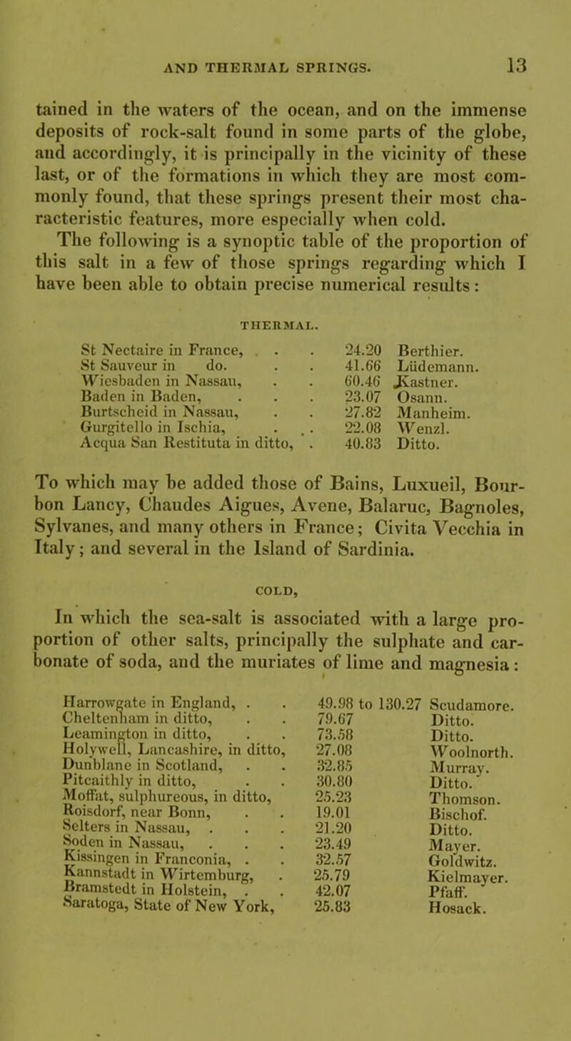 tained in the waters of the ocean, and on the immense deposits of rock-salt found in some parts of the globe, and accordingly, it is principally in the vicinity of these last, or of the formations in which they are most com- monly found, that these springs present their most cha- racteristic features, more especially when cold. The following is a synoptic table of the proportion of this salt in a few of those springs regarding which I have been able to obtain precise numerical results: THERMAL. St Nectaire in France, St Sauveur in do. Wiesbaden in Nassau, Baden in Baden, Burtscheid in Nassau, Gurgitello in Ischia, Acqua San Restituta in ditto. 24.20 Berthier. 41.66 Liidemann. 60.46 JKastner. 23.07 Osann. 27.82 Manheim. 22.08 Wenzl. 40.83 Ditto. Bains, Luxueil, Bour- bon Lancy, Chaudes Aigues, Avene, Balaruc, Bagnoles, Sylvanes, and many others in France; Civita Vecchia in Italy; and several in the Island of Sardinia. COLD, In which the sea-salt is associated with a large pro- portion of other salts, principally the sulphate and car- bonate of soda, and the muriates of lime and magnesia : Harrowgate in England, . Cheltenham in ditto, Leamington in ditto, Holywell, Lancashire, in ditto, Dunblane in Scotland, Piteaithly in ditto, Moffat, sulphureous, in ditto, Roisdorf, near Bonn, Selters in Nassau, Soden in Nassau, Kissingen in Franconia, . Kannstadt in Wirtemburg, Bramstedt in Holstein, Saratoga, State of New York, 49.98 to 130.27 Scudamore. 79.67 Ditto. 73.58 Ditto. 27.08 Woolnorth. 32.85 Murray. 30.80 Ditto. 25.23 Thomson. 19.01 Bischof. 21.20 Ditto. 23.49 Mayer. 32.57 Goldwitz. 25.79 Kielmayer. 42.07 Pfaff. 25.83 Hosack.
