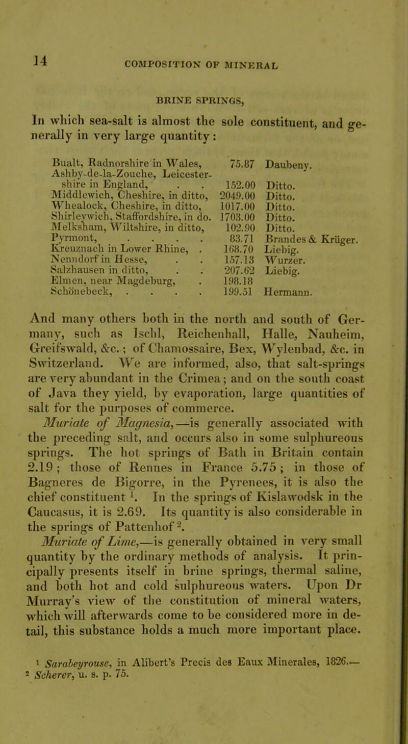 BRINE SPRINGS, In which sea-salt is almost the sole constituent, and ge- nerally in very large quantity : Bualt, Radnorshire in Wales, Ashby-de-la-Zouche, Leicester- shire in England, Middlcwich, Cheshire, in ditto, Whealock, Cheshire, in ditto, Shirlevwich, Staffordshire, in do. Melksham, Wiltshire, in ditto, Pvrmont, .... Kreuznach in Lower Rhine, . Nenndorf in Hesse, Salzhausen in ditto, Elmen, near Magdeburg, Schonebeck, .... 75.87 Daubeny. 152.00 Ditto. 204.0.00 Ditto. 1017.00 Ditto. 1703.00 Ditto. 102.00 Ditto. 83.71 Brandes& Kruger. 168.70 Liebig. 157.13 Wurzer. 207.62 Liebig. 108.18 199.51 Hermann. And many others both in the north and south of Ger- many, such as Ischl, Reichenhall, Halle, Nauheim, Greifswald, &c.; of Chamossaire, Bex, Wylcnhad, &c. in Switzerland. We are informed, also, that salt-springs are very abundant in the Crimea; and on the south coast of Java they yield, by evaporation, large quantities of salt for the purposes of commerce. Muriate of Magnesia,—is generally associated with the preceding salt, and occurs also in some sulphureous springs. The hot springs of Bath in Britain contain 2.19; those of Rennes in France 5.75; in those of Bagneres de Bigorre, in the Pyrenees, it is also the chief constituent K In the springs of Kislawodsk in the Caucasus, it is 2.69. Its quantity is also considerable in the springs of Pattenlxof Muriate of Lime,—is generally obtained in very small quantity by the ordinary methods of analysis. It prin- cipally presents itself in brine springs, thermal saline, and both hot and cold sulphureous waters. Upon Dr Murray’s view of the constitution of mineral waters, which will afterwards come to be considered more in de- tail, this substance holds a much more important place. 1 Sarabeyrouse, in Alibert’s Precis des Eaux Minerales, 1826— 2 Scherer, u. s. p. 75.