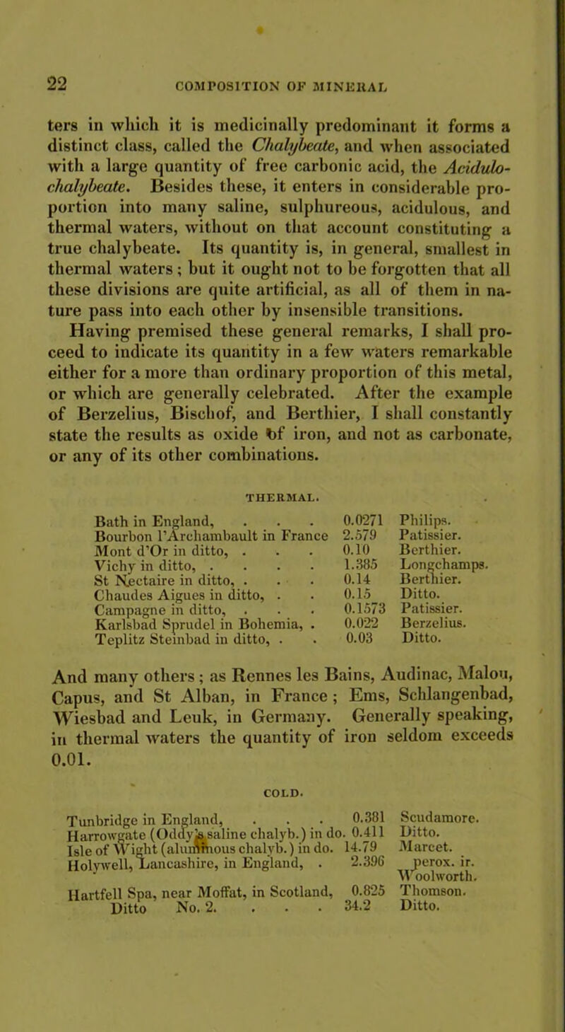 ters in which it is medicinally predominant it forms a distinct class, called the Chalybeate, and when associated with a large quantity of free carbonic acid, the Acidulo- chalybeate. Besides these, it enters in considerable pro- portion into many saline, sulphureous, acidulous, and thermal waters, without on that account constituting a true chalybeate. Its quantity is, in general, smallest in thermal waters ; but it ought not to be forgotten that all these divisions are quite artificial, as all of them in na- ture pass into each other by insensible transitions. Having premised these general remarks, I shall pro- ceed to indicate its quantity in a few waters remarkable either for a more than ordinary proportion of this metal, or which are generally celebrated. After the example of Berzelius, Bischof, and Berthier, I shall constantly state the results as oxide bf iron, and not as carbonate, or any of its other combinations. THERMAL. Bath in England, . . . 0.0271 Bourbon rArchambault in France 2.579 Mont d’Or in ditto, . . . 0.10 Vichy in ditto, .... 1.385 St Nectaire in ditto, . . . 0.14 Chaudes Aigues in ditto, . . 0.15 Campagne in ditto, . . . 0.1573 Karlsbad Sprudel in Bohemia, . 0.022 Teplitz Stembad in ditto, . . 0.03 Philips. Patissier. Berthier. Lon^champs. Berthier. Ditto. Patissier. Berzelius. Ditto. And many others; as Rennes les Bains, Audinac, Malou, Capus, and St Alban, in France ; Ems, Schlangenbad, Wiesbad and Leuk, in Germany. Generally speaking, in thermal waters the quantity of iron seldom exceeds 0.01. COLD. Tunbridge in England, . . . 0.381 Scudamore. Harrowgate (Oddyksaline chalyb.) in do. 0.411 Ditto. Isle of Wight (alumhrous chalvb.) in do. 14.79 Marcet. Holywell, Lancashire, in England, . 2.396 perox. ir. oolworth. Hartfell Spa, near Moffat, in Scotland, 0.825 Thomson. Ditto No. 2. 34.2 Ditto.