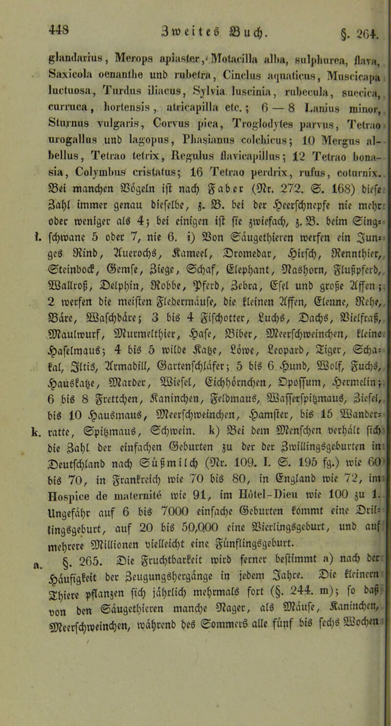 3n)eite6ffiuc^. §. 204. glandarius, Merops apiastcr IVTotadlla alha, Biilpluirea, flara, Saxicola ocnantho unb rubetra, Cinclus afpiaticus, Muscicapa luctuosa, Tiirdus iliacus, Sylvia, luscinia, rubecula, suceiea, curnica , liortensis , atricapilla efc,; 6 — 8 Lanius minor, Stmnus vulgaris, Corvus piea, Troglodjtes parvus, Tetrao urogallus unb lagopus, Phasianus coleliicus; 10 Mergus al- bellus, Tetrao tetrix, Regulus flavicapillus; 12 Tetrao bona- sia, Colymbus cristatus; 16 Tetrao perdrix, rufus, coturnix. S5ei mand^en SSogeln ijl nad) gäbet (0ir. 272. ©. 168) biefe. 3af)l immer genau biefelbe, j. S3. bei bet ^eerfc^nepfe nie mel)c: ober weniger a(ö 4j bei einigen ijl fte jwiefadfj, 5. S5. beim Singst 1. fd)wane 5 ober 1, nie 6. i) SSon 0dugefbieren werfen ein Sun- geö Olinb, 2Cuerod)g, Äameet, Sromebar, ^irfd), 9?enntbier, 0tcinbod, ©ernfe, 3ic9f/ ©c^af, ©tep^ant, Sf^aö^orn, gtufpfcrb, SBallrof, £)etpbin, Siobbe^ ^ferb, 3ebta, ©fei unb grofe 2lffen;, 2 werfen bie meijien gle.betmdufe, bie fleinen 2fffen, ©lenne, 0xef)e,. S5dre, Söafc^bdre; 3 big 4 gifdjotter, £ud)g, Dadbö, SSielfraf, 9)?autwurf, 9)Zurme(tl}ier, '^afc, Siber, 9JZeerfd)weindjen, fleine. .^afclmauSj 4 big 5 witbe Äa^e, 26we, ßeoparb, Siger, ©d)a= fat, 3lti3/ 2frmabill, ©artcnfdjldfer; 5 big 6 ^unb, 9Bolf, gud)g, Jpaugfa^e, 9)Zatbcr^ Söiefcl, ©id)^drnd)en, Dpoffum, .^ermelin*,; 6 big 8 grettd^en, Äanindben, gelbmaug, SBaffetfpifjmaug, 3iff«l/ big 10 .Ipnugmaug, 9)?eerfd)weindben, .^amfler, big 16 SBanbers k. ratte, ©pi^maug, ©djwein. k) SSei bem SWcnfdjen »er^dlt fid)' bie einfad)cn ©ebneten ju ber ber 3n>iÜingggeburten in: £)eutfdE)tanb nad) ©ufmilcf) (Cl?r. 109. I. ©. 195 fg.) wie 60» big 70, in granfrcid) wie 70 big 80, in ©nglanb wie 72, iim Hospice de maternitd wie 91, im Hötel-Dieu wie 100 ju 1. Ungefd()r auf 6 big 7000 einfad^e ©eburten fommf eine 25riO lingggeburt, auf 20 big 50,000 eine SSierlingggcburt, unb auf' meutere 5KitIionen öielleid)t eine gimflingggeburt. a §. 265. Sie grud)tbarfeit wirb ferner beflimmt a) nadb ber jpdufigfeit ber Sabcf- 2!)ie fteinern 5£i)iere pflanjen fid) jdl)rticl) mef)rmalg fort (§. 244. m); fo bap non ben ©dugctl)icren mandE)e 9?ager, atg 21?dufe, Äanincben, 5DZeetfd)weind)cn, wdl)rcnb beg ©ommer# alle fünf big fed)g 5Bod)en;