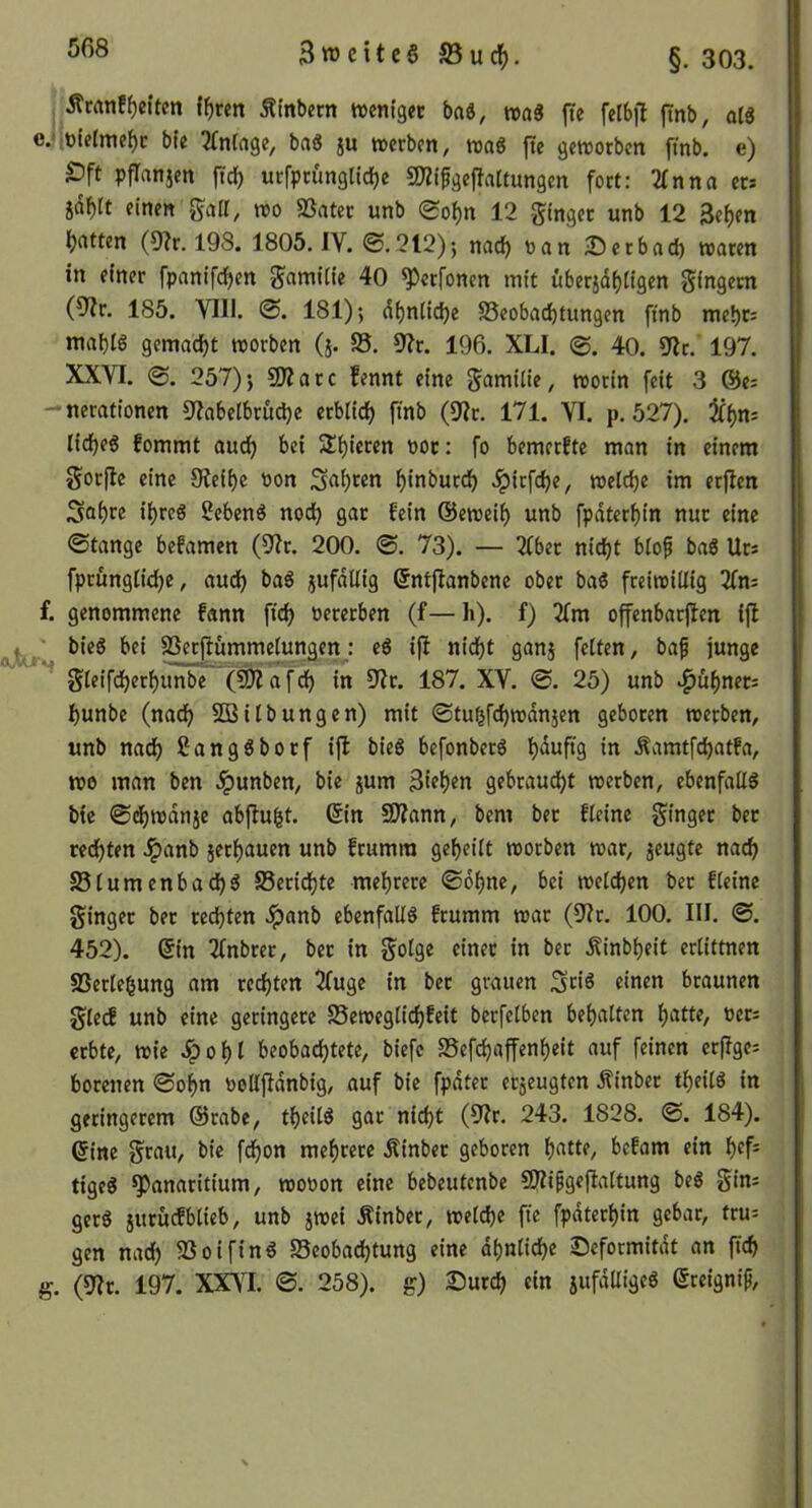 Äcan!f)etten f^ren Äinbccn tvem'g«c bna, |te fetbjl jlnb, olS 5.‘;t)telme^c bie ^Tnfage, ba« iu werben, wag fie geworben ftnb. e) £)ft pflanjen ftd) urrprüngtic^e 9)Zifgeffaltungen fort: 2fnna er* idf)rt einen galt, wo SSater unb 0of)n 12 ginger unb 12 3e^en Ijntten (9?r. 198. 1805. IV. ©.212); nac^ oan Serbad) waren in einer [panifc^en gamiiie 40 ^erfonen mit überjdfjtigen gingem (9?r. 185. VIII. 0. 181); d^n(icl)e S5eobad)tungen ftnb mebr= mablg gemad)t worben (j. S5. 9?r. 196. XU. @. 40. 9Ir. 197. XXVI. 0. 257); 9J?arc fennt eine gamitie, worin feit 3 @e; -*nerationen 92abelbrud)e erblich ftnb (9?r. 171. VI. p. 527). ^(>n; lidbeg fommt and) bei S£li)ieren POt: fo bemerfte man in einem gorfie eine Siei^e oon 3al)ren l^inburt^ ^irfc^e, welche im erjlen Sabre i^reg Sebeng nod) gar fein ©eweib unb fpdterbin nur eine 0tange befamen (9Ir. 200. 0. 73). — 2fber nicht biofi bag Urs fprungiiebe, auch bag jufdllig ©ntfianbene ober bag freiwillig 3fns f. genommene fann ftcb oererben (f—h). f) 3fm offenbarften ifl ' bieg bei SSerJlummelungen: eg ifl nicht ganj feiten, ba^ junge gleifdberbimbe a f db in 9lr. 187. XV. 0. 25) unb »^ubners hunbe (nach SB Übungen) mit 0tubfchwdn5en geboren werben, unb nach ßanggborf ijl bieg befonberg bduftg in .^amtfehatfa, wo man ben ^unben, bie jum 3i«b«n gebraucht werben, ebenfallg bie ©dbwdnje abflu^t. 6in S9lann, bem ber fleine ginger bet rechten ^anb jerbauen unb frumm geheilt worben war, jeugte nach SSlumenbachg SSerichte mehrere 0dbne, bei welchen bet fleine ginger bet rechten ^anb ebenfallg frumm war (9Ir. 100. III. 0. 452). ©in 2(nbrer, bet in golge einer in ber .Kinbbeit erlittnen SSerlebung am rechten ^uge in ber grauen Sci^ riof« braunen glecf unb eine geringere SSeweglichfeit berfelben behalten b^ttte, Oers erbte, wie .^obl beobachtete, biefc SSefchaffenbeit auf feinen erflges borenen 0obn ooltfldnbig, auf bie fpdter etjeugten Äinber theilg in geringerem @rabe, theilg gar nicht (SHr. 243. 1828. 0. 184). ©ine grau, bie fchon mehrere Äinber geboren bf'tte, befom ein t)(f- tigeg ^anaritium, wooon eine bebeutenbe SOlipgeftaltung beg gins gerg juruefblieb, unb jwei Äinber, welche fte fpdterbin gebar, tru= gen nad) Söoifing Beobachtung eine dbnliche ©eformitdt an (ich g. (9lr. 197. XX\1. 0. 258). g) Surch ein sufdUigeg ©reignif.