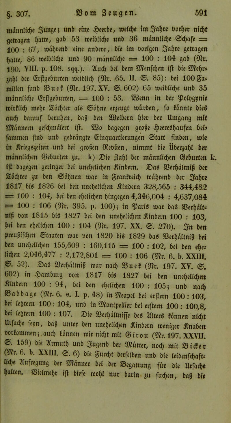 mdnnlic^c Sunsn unb eine Jpeeebe, weld^e {m bocket nl^t getragen f)atte, gab 53 reefblldbe unb 36 mdnnlidf)e @dE)afe = 100 : 67, rodbrenb eine anbere, bie im tjocigen 3«^)« getragen batte, 86 »eibiiebe unb 90 mdnnlicbe = 100 ; 104 gab (D'Jr. 190. VIII. p. 108. sqq.). 2Tucb bei bem SJJenfcben ijl bie SWebrs jabl ber ßrflgeburten roeibiieb (9^r. 65. II. ®. 85): bei 100 §as miiien fanb Suef (9Ir. 197.XV. ©.602) 65 weibiiebe unb 35 mdnntid)e (Srflgeburtcn, = 100 : 53. 5Q3cnn in bet ^otpgpnie witfiieb mebt Sodbtec aig ©ebne erzeugt reürben, fo fdnnte bieS nud) barauf betuben, bap ben 933cibctn \)itt bet Umgang mit 9)?dnnern gefebmdiert ijl. 2ßo bagegen grofe Jpeere^baufen bet« fammen ftnb unb gebrdngte Einquartierungen ©tatt ftnben, wie in Ärieggjeiten unb bei gtofen OJeoüen, nimmt bie Überjabl ber männlichen ©eburten ju. k) £»ic 3«bl männlichen ©eburten k. ifl bagegen geringer bei unehelichen Äinbern. 83erbdltnif ber Möchtet jU ben ©ebnen roat in ^ranfreicb wdbcenb ber Sabre 1817 biö 1826 bei ben unehelichen .Rinbetn 328,565 : 344,482 = 100 : 104, bei ben ehelichen hingegen 4,346,004 : 4,637,084 = 100 ; 106 (9?r. 395. p. 100) 5 in ^atig war baä SSerbdlts nip non 1815 big 1827 bei ben unehelichen Äinbern 100 : 103, bei ben ehelichen 100 : 104 (9?r. 197. XX. ©. 270), Sn be« preu^ifchen ©taaten war non 1820 big 1829 bag Söerhnltni^i bei ben unehelichen 155,609 : 160,115 = 100 : 102, bei ben ehes [ liehen 2,046,477 : 2,172,801 = 100 : 106 (9Ir. 6. b. XXIU. : ©. 52). 2)ag SScrhdltnip war nach S3uef (9?r. 197. XV. ©. I 602) in .Hamburg non 1817 big 1827 bei ben unehelichen Äinbern 100 : 94, bei ben ehelichen 100 : 105; unb nach S5abbagc (51?r. 6. e. I. p. 48) in 5I?eapel bei erfletn 100; 103, bei le^tern 100: 104, unb in CWontpeÜier bei er|!etn 100; 100,8, bei lehtern 100 ; 107. 25ie 83erhdltni{yc beg Tllterg bdnnen nicht Utfache fepn, bap unter ben unehelichen Äinbern weniger Änaben norfommen;.auch fdnnen wir nicht mit ©irou (5I?r. 197. XXVII. ©. 159) bie 2lrmuth unb Sugenb bet 5Ü?ütter, noch mit 83 i cf er (9?r. 6. b. XXIII. 0. 6) bie gurcht berfelben unb bie leibenfchafts liehe 2fufregung bet 5H?dnner bei bet SSegattung für bie Urfache halten. SSielmeht ifl biefc wohl nur batin 511 fuchen, bnp bie