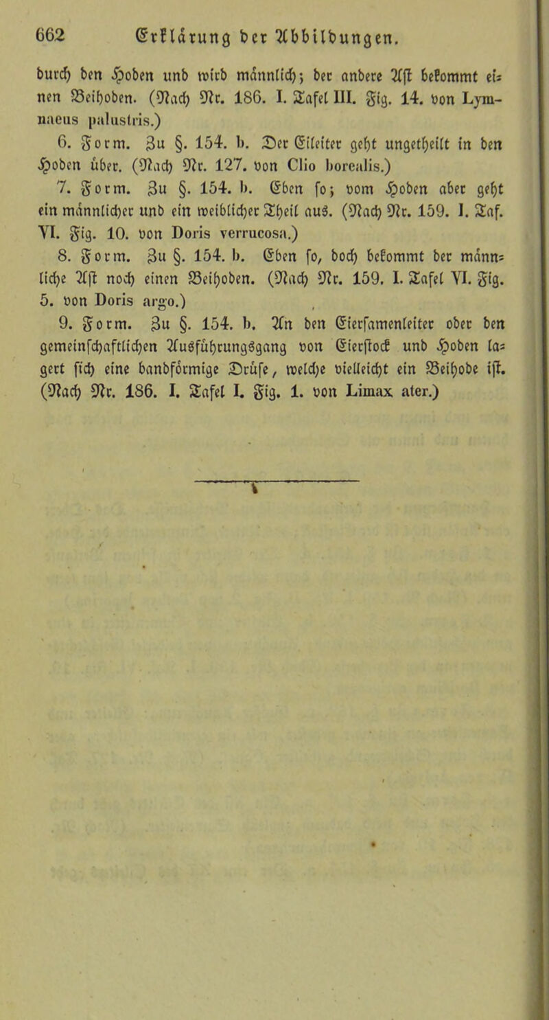 bureb bm ^obm unb wirb mdnnitcb*, bet anbece 2Cjl befommt tU nett SSeiboben. (9>?acb S'ir. 186. I. Safet III. gtg. 14. üon Lym- naeus pahislris.) 6. gorm. 3u §• 154. b. Set @i(ettec gebt ungetbeitt in ben Jpoben über. (DIacb 9Ic. 127. tjon Clio borealis.) 7. gorm. 3u §. 154. b. 6ben fo; tont .^oben «bet gebt ein mdnnlicbec unb ein weiblicbec S^beü «uö* (9'Iacb 5Jic. 159. 1. Saf. VI. 5>3- 10. öon Doris verrucosa.) 8. Sonn. §• 154. b. 6ben fo, bodb befommt bet ntann^ liebe 2(fl noch einen SSeiboben. (S^iacb 159. I. Safel VI. §ig. 5. non Doris argo.) 9. So cm. 3u §• 154. b. 2Cn ben (^ierfamenleitec ober ben gemeinfcbaftlicben 2fuöfubrungögang oon ßieeftoef unb .^oben las gect fteb eine banbfoemige Stufe, nteld^e nielleicbt ein SSeibobe ijl. (9Iacb 9It. 186. I. Safel I. Si9. 1* C>on Limax ater.) Y