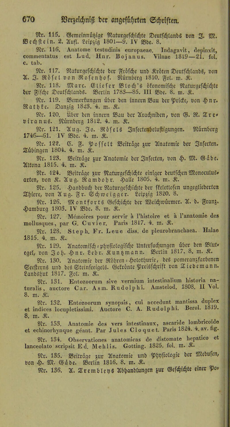 9tr. 115. ©emetnnü^tge 9iaturgcfd)t^te 25cutfd)lanb8 ton 3. SK. SSc^ftein. 2. 3CufI. Ceipiig 1801—y. iv S3be. 8. S)lr. 116. Anatome testudinis europaeae. Indagavit, depinxit, commentatus est Lud. Har. Bojanus. Vilnae 1819—21. fol. c. tab. s 9lr. 117. Katurgefd)fd;tc bcr Sröfdie unb Ärbtcn >Deutfc^tanb§, »oit 31. 3- 9i6fcl öon Kofenbof. Nürnberg 1810. gol. m. Ä. 9?r. 118. SKarc. ©liefet S5lod)’8 6Eonomifrf)e 91aturgcfcbtd)te bcr Sif(^e ®eutfd)[anbS. SSertiii 1783—85. III S3be. 8. m. Kr. 119. Semerfungen über ben innern 23au bcr Briefe, »on .?>nr. SJatbfe. Sanjtg l8i!3. 4. ni. Ä. Kr. 120. Übet ben innern S3au bet 31racbnibcn, »on ®. K. 3!re» »iranu8. Kürnberg 1812. 4. m. Ä. Kr. 121. 3£ug. 3o. K6fet8 Snfectenbetufligungen. Kürnberg 1746—61. IV SSbe. 4. m. Ä. Kr. 122. 6. löffelt Seitrdge jur 3Cnatomie ber 3nfecten. Tübingen 1804. 4. m. Ä. Kr. 123. SScitrdge jut 3fnatomie bcr Snfeefen/ »on SK. ®dbc. Sntona 1815. 4. m. Ä. Kr. 124. SBeitrdge jut Katurgefdbiebte einiger beutfeben SKonoculuö* arten, oon Ä. 3t ug. Kambobr. .öalte 1805. 4. m. Ä. Kr. 125. .^anbbueb bcr Katurgefdbiebte ber fEcIctlofcn ungegliebertcn Sbici^C/ bon 3t u g. g r. © n> c i g g e r. Scipjig 1820. 8. Kr. 126. SKontfortö ®cfdbicbte bcr SBcicbirürmer. 3t. b. ^ranj. Hamburg 1803. IV S3be. 8. m. k. Kr. 127. Memoires pour servir a l’histoire et a l’anatomie des mollusqucs, par G. Cuvier. Paris 1817. 4. m. Ä. Kr. 128. Steph. Fr. Leue diss. de pleurobranchaea. Halae 1815. 4. tn. Ä. Kr. 129. 3tnatomif(^) = pbPfiotogifcbc Unterfuebungen über ben SBlut» eget, non 3ob* 4>nr. ßebr. .kun|monn. SBertin 1817. 8. ni. Ä. Kr. 130. 2tnatomie bcr K6brcn = .?)olotburie, _be8 pomeran'sfarbcncn ©ec|tern8 unb bc8 ©teinfeeigelä. ©cEröntc bon Siebemann. Canbäbut 1817. gol. m. Ä. Kr. 131. Entozooruin sive veranum intestinaliiim historia na- turalis, auctore Car. Asm. Rudolphi. Amstelod. 1808. II Vol. 8. m. k. Kr. 132. Entozoorum synopsis, cul accedunt mantissa duplex et indices locupletissiini. Auctore C. A. Rudolphi. Berol. 1819. 8. m. Ä. Kr. 133. Anatomie des vers intestinaux, ascaride lombricolde et echinorhynque göant. Par Jules Cloquet. Paris 1824. 4. av. ng. Kr. 134. Observationes anatomicas de distomate hepatico et lanceolato scripsitEd. Mehlis. Gotting. 1825. fol. m. Ä. Kr. 135. SBeitrdge jut 3tnatomie unb ^bbfibloöt^ SKebufen, Don «?). SK. @dbe. SSerlin 1816. 8. m. Ä. Kr. 136. 3t. SremblcDS 3tbbanb(ungen jur ©efcbiihte