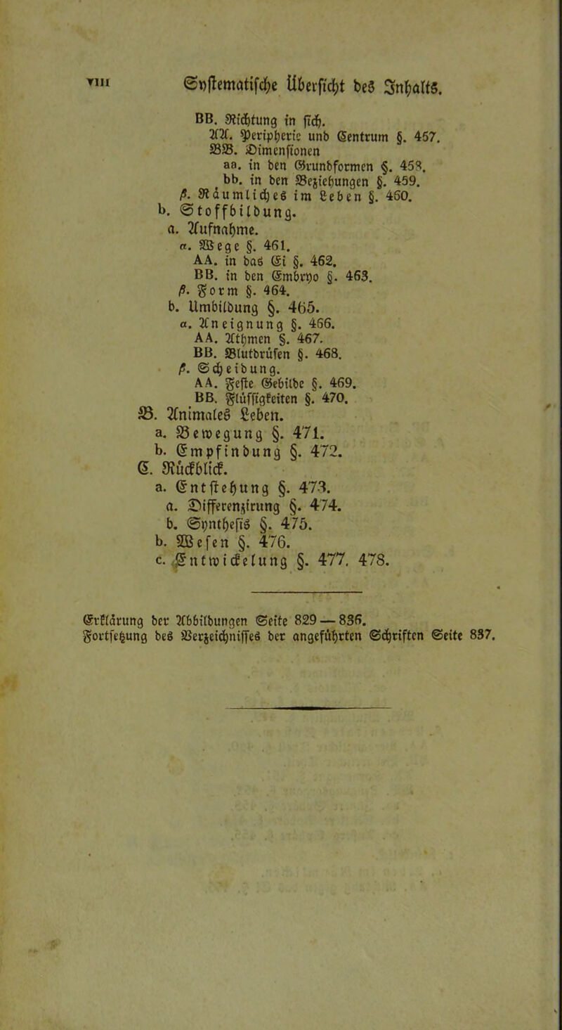 überfielt be§ Sn^alfö. BB. 9tid)tung in fic^. 2(2f. ^Peripherie unb Gientrum §. 457. S3S5. iDimcnffonm aa. in bcn fflrunbfotmen §. 453. bb. in ben Schiebungen §. 459. ß- 9t d u m t i d) e 6 im 2ebcn §. 460. b. ©toffbttbung. a. 2fufnnbme. a. SBegc §. 461. AA. in baö (Si §. 462. BB. in ben Gsmbrbo §. 463. ß. gorm §. 464. b. Umbilbung §. 465. a. Aneignung §. 466. AA. 2ftbmen §. 467. BB. ffitutbrüfen §. 468. ß. ©cbeibuna. AA. gelte ©ebitbe §. 469. BB. glüfftgfeiten §. 470. 33. 2Cnimateg £eben. a. 23ett>egung §. 471. b. Crmpftnbung §. 472. 6. 9?ücfblicf. a. (5nt|tef)Uttg §. 473. a. SMfferenjirung §. 474. b. @pntf)e[i$ §. 475. b. SDScfen §. 476. c. Sntrci elung §. 477. 478. GrrÜtdrung bet 2(66ilbungen ©eite 829 — 836. gortfefcung beö 33er%eic6nifTeö bet angeführten ©Stiften ©eite 837.