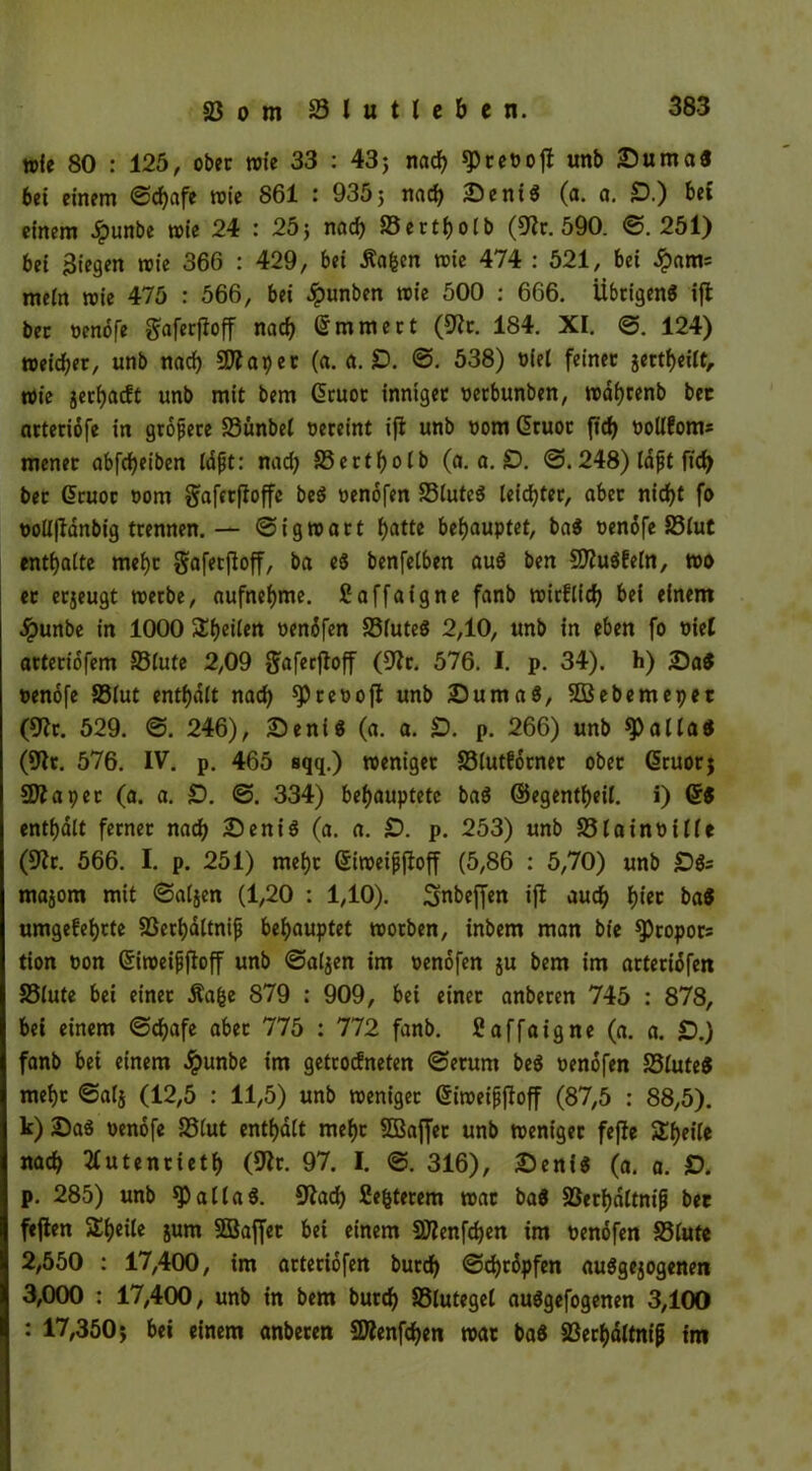 »fe 80 : 125, ober tote 33 : 43} nach «prePoft unb Buma« bei einem Schafe wie 861 : 935; nach Seni« (a. a. £).) bei einem .ipunbe roie 24 : 25; nach Sertholb (9k. 590. @.251) bei 3iegen roie 366 : 429, bei Äafcen roie 474 : 521, bei dpam= mein roie 475 : 566, bei dpunben roie 500 : 666. Übrigen« ift ber oenofe guferjioff nach ßmmert (S^c. 184. XI. @. 124) weid;er, unb nach Sftapet (a. a. £). <3. 538) oiel feinet jertheilt, roie }erhacft unb mit bem ßruot inniger oetbunben, währenb bet nrteriofe in größere 23ünbe( oereint ift unb oom Gjruor ftrf> oollkoms menet abfdjeiben laft: nad; S5ertf?otb (a. a. £>. @.248) läjjt ftd) ber Gröuot ttom gaferftoffe be« oenofen Stute« leidster, aber nicht fo ooüflanbig trennen.— Sigroart f>atte behauptet, ba« öenofe Slut enthalte mehr §afetfioff, ba e« benfelben au« ben CD^uöfeln, wo er erjeugt roerbe, aufnebme. Caffaigne fanb wirklich bei einem ^punbe in 1000 SEheilen oendfen Slute« 2,10, unb in eben fo otet atteriofem Slute 2,09 ftaferfloff (9k. 576. I. p. 34). h) Sa« oenofe Slut enthalt nad; reo oft unb Suma«, SDBebemepet (9k. 529. @. 246), Seni« (a. a. £>. p. 266) unb ^)aita« (9k. 576. IV. p. 465 sqq.) weniger Slutkdrner ober Gjruor; 9Jiaper (a. a. £>. S. 334) behauptete ba« ©egentheil. i) Gr« enthalt ferner nach 2)eni« (a. a. £). p. 253) unb Slainoitte (9k. 566. I. p. 251) mehr Griweijjftoff (5,86 : 5,70) unb £>«= majom mit Salden (1,20 : 1,10). Smbeffen ift audh tyez ba« umgekehrte Serhdttnijj behauptet roorben, inbem man bie ^)ropors tion oon Griweijjftoff unb Salden im oenofen ju bem im arteridfen Stute bei einet Äa&e 879 : 909, bei einer anberen 745 : 878, bei einem (Schafe aber 775 : 772 fanb. ßaffaigne (a. a. £).) fanb bei einem ^punbe im getrockneten (Serum be« oenofen Stute« mehr ©alj (12,5 : 11,5) unb weniger ©iroeffftoff (87,5 : 88,5). k) Sa« oenofe Slut enthalt mehr Sßaffer unb weniger fefte £heife nach Ttutenrieth (9k. 97. I. <3. 316), Seni« (a. a. £>. p. 285) unb $Patta«. 9kd) Sefcterem war ba« Serhdltnifj bet ftjlen Sheile jum 3ßaffet bei einem SDknfchen im oenofen Slute 2,550 : 17,400, im arteriofen burd) Scfjrdpfen au«gejogenen 3,000 : 17,400, unb in bem burch Stutegel au«gefogenen 3,100 : 17,350; bei einem anberen SWenfchen war ba« Serhättnif im