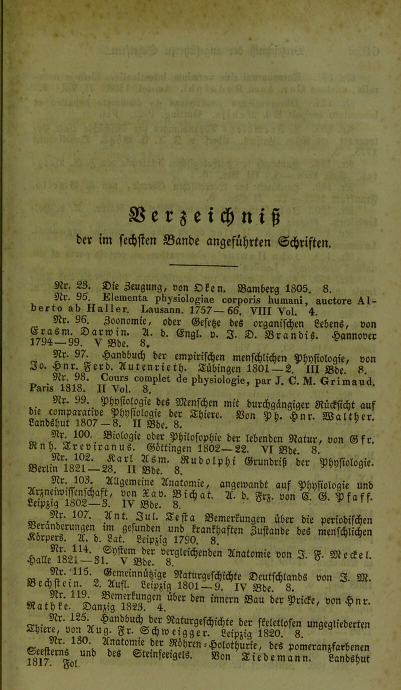 Serjetcbttifj ter im fehlten »anbe angeführten ©d&riften. 9ir. 23. SDie Beugung, oon Ofen. Samberg 1805. 8. 9Zr. 95. Llementa physiologiae corporis humani, auctore Al- berto ab Haller. Lausann. 1757—66. VIII Vol. 4. Sr. 9fr äoonomte, ober ©efcfce beö organif^en Cebene, oon V,n' b- ®n9r< 3- ®- S3canbi6. £annoeet yy. v ?ödc. o# ~ ^ >&anbbuch ber emptrtfdjen menfcbttcben ^bpfiologte/ oon «so- £n,:- Serb. tfutenrictf). Tübingen 1801 — 2. lll S3be 8 o T?°u C0omplet de P^ysi°l°gie, par J. C. M. Grimaud. Paris 1818. II Vol. 8. Dir. 99. ^iwftologie beö Stenfdjen mit burdjgdngtgcr SücEfidjt auf 5£<,i'K- *« **■ *»* «*'*»”• <^%100'. ®tolo9^ ober $>f)i(ofopbt'e ber lebenbcn Satur, oon ©fr. Snf). Sreotranuö. ©ottingen 1802—22. VI S3be. 8. BMtoVsf-sf.“ n 8fSui,°‘,)!,i ®cunWfi ^c* 10r3- JttUgemeine Anatomie, angemanbt auf ^jtologie unb SritoÄ IV Ibe?‘ tiä)at * b- *»• Mn S- ®- Sr. 107. 21 nt. 3ul. Sefta SemcrEungen über bie periobifcben SÄ*”m*m m gefunben unb EranEbaftcn Suftanbc beö menfälicben Äörperg. 2C. b. Cat. Ceipgtg 1790. 8. ^atte^l821 —3l@9vmSbf °8r3t£l^enbcn 2fnatom{b »on 3. g. StecEel. ®5nle{nn“^ 9taturgef<bi<bfe 2)cutfd)(anbS von 3- St. Sea;jtetn. 2. 2tufl. Cetpjig 1801 — 9. IV S3be. 8. Satfn11Ln^gmi823nSe4.Ü6er be im,ecn ffiau bec We' 1,011 ^nv‘ ^a.tur9c^i'chte ber fEetctiofen ungeglieberten w' an f S r- ® (% w e t g g e r. Ceipgig 1820. 8. ©eeflerns ,,n’h ^ ^ö,brcn 1 ^olot^un'e/ beö pomeranjfarbenen 1817 gol ©tefnfeetgelä. Son Siebe mann. Canböfjut