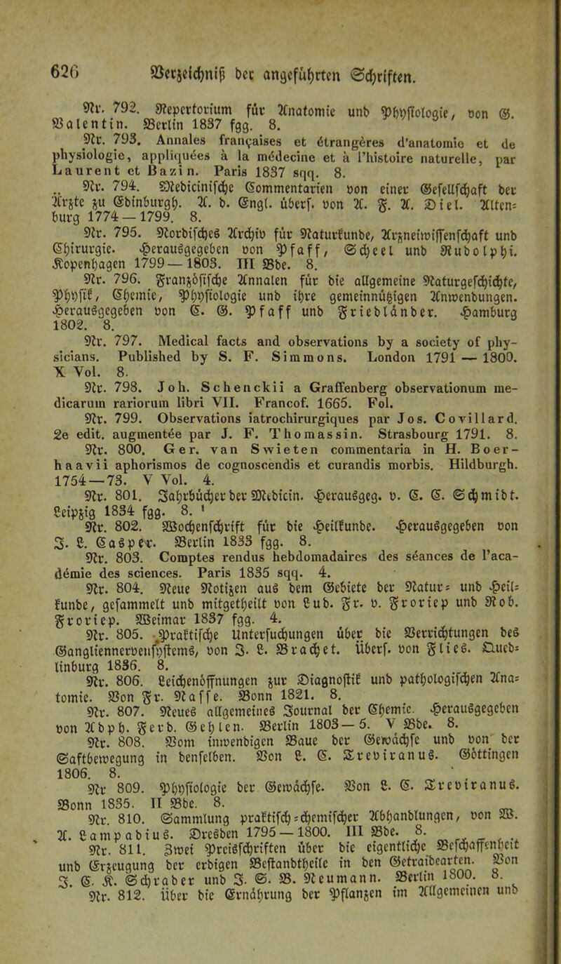 9tr. 792. Repertorium für Anatomie unb «bnffotogie, oon ®. Valentin. «Berlin 1837 fgg. 8. ö 9Zr. 793. Annales fran^aises et dtrangdres d’anatomio et de Physiologie, appliquees a la mddecine et ä l’histoire naturelle, par Laurent et ßazin. Paris 1837 sqq. 8. 9?r. 794. SDtcbicinifdje Sommentarien oon einer ©efellfd)aft ber 2Crjtc ju Sbinburgh- X b. Sngl. überf. oon 7t. g. 2t. Siel. 2tltcn= bürg 1774-1799. 8. Rr. 795. Rorbifdjeg 2trd)io für RaturEunbe, 2trsneiioiffenf<haft unb Chirurgie. £erauggegcbcn oon «Pfaff, ©dicel unb Rubolpbi. .Kopenhagen 1799— 1803. III SSbe. 8. Rr. 796. granfc6fifd}e Ttnnalen für bie allgemeine Raturgefchidjfe, $)f)hftE, Shemic, ^)l;pftologie unb ihre gemeinnü&igen Ttnmenbungen. eperauggegeben oon S. ©. $>faff unb griebtdnbcr. Hamburg 1802. 8. Rr. 797. Medical facts and observations by a society of phy- sicians. Published by S. F. Simmons. London 1791 — 1800. X Vol. 8. Rr. 798. Joh. Schenckii a Graffenberg observationum me- dicarum rariorum libri VII. Francof. 1665. Fol. Rr. 799. Observations iatrochirurgiques par Jos. Covillard. 2e edit. augmentee par J. F. Thomas sin. Strasbourg 1791. 8. Rr. 800. Ger. van Swieten commentaria in H. Boer- haavii aphorismos de cognoscendis et curandis morbis. Hildburgh. 1754 — 73. V Vol. 4. Rr. 801. Sahrbüdjcrber«Dhbicin. ^»crauggeg. o. S. S. (Schmibt. Ceipjig 1834 fgg. 8. ' Rr. 802. SBochenfdhrift für bie v£>eil?unbc. £erauggegeben oon 3- 8. Sagpe«. SSetlin 1833 fgg. 8. Rr. 803. Comptes rendus hebdomadaires des seances de l’aca- demie des Sciences. Paris 1835 sqq. 4. Rr. 804. Reue Rotijen aug bem ©ebiete ber Ratur= unb £cil= Eunbc, gcfammclt unb mitgetheilt oon 8ub. gr. ü. groriep unb Rob. groriep. SBeimar 1837 fgg. 4. Rr. 805. -spraftifdje Unterfuchungen über bie Setricgtungen beg ©anglienneroenfiyftcmä/ oon 3- 8. 33 rach et. Überf. oon glieg. &ucb= linburg 1836. 8. Rr. 806. Ceidjenöffnungen jur SiagnofiiE unb pathologifchen 2tna-- tomie. Son gr. Raffe. Sonn 1821. 8. Rr. 807. Reueg allgemeineg Sournal ber Shemtc. £erauggegcbcn oon 2tbph. gerb, ©et;len- Serlin 1803 — 5. V 35be. 8. Rr. 808. 25om imoenbigen Saue ber ©ewddjfc unb oon ber (Saftbeioegung in benfclben. Sen 8. S. Sreoiranug. ©ottingen Son 8. S. Sreoiranug. 1806. 8. Rr 809. $>hbftologie ber ©etoddtfe. Sonn 1835. II Sbe. 8. Rr. 810. (Sammlung praStifd) = d)cmifch)er 2tbb<inblungen, oon 2ß. 2t. Camp abiug. Sregben 1795 — 1800. III Sbe. 8. Rr. 811. 3wei 5>rcigfthriften über bie eigentliche Sefd^ffcnhctt unb (Smuqung ber erbtgen SBcftanbtfjeifc in ben ©etraibearten. ^3on - (5. Ä. ©Araber unb 3- ©• 33- Reumann. Serlin 1800. 8. Rr. 812. Über bie Srndhrung ber ^Pflanjen im 2fllgemeinen unb