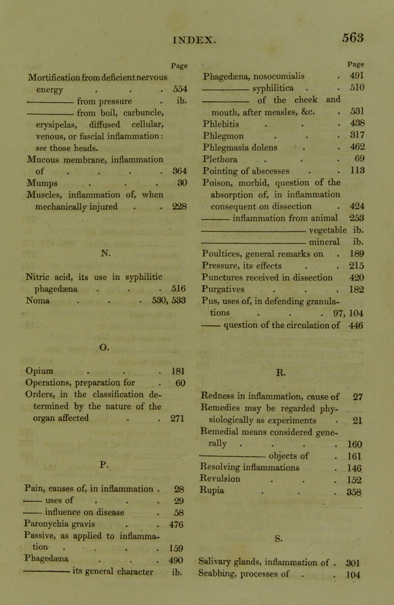 Page Page Mortification from deficientnervous Phagedaena, nosocomialis 491 energy 554 syphilitica 510 ib. of the ebpf>k nr|d from boil, carbuncle, mouth, after measles, &c. 531 erysipelas, diffused cellular, Phlebitis 438 venous, or fascial inflammation: Phlegmon 317 see those heads. Phlegmasia dolens 462 Mucous membrane, inflammation Plethora 69 of ... 364 Pointing of abscesses 113 Mumps 30 Poison, morbid, question of the Muscles, inflammation of, when absorption of, in inflammation mechanically injured 228 consequent on dissection 424 inflammation from animal 253 - vegetable ib. mineral ib. N. Poultices, general remarks on 189 Pressure, its effects 215 Nitric acid, its use in syphilitic Punctures received in dissection 420 phagedaena 516 Purgatives . . i 182 Noma . . • 530, 533 Pus, uses of, in defending granula- tions . . .97 104 o question of the circulation of 446 Opium 181 R. Operations, preparation for 60 Orders, in the classification de- Redness in inflammation, cause of 27 termined by the nature of the Remedies may be regarded phy- organ affected 271 siologically as experiments 21 - Remedial means considered gene- rally .... 160 — objects of 161 P. Resolving inflammations 146 Revulsion 152 Pain, causes of, in inflammation . 28 Rupia 358 • uses of 29 influence on disease 58 Paronychia gravis 476 Passive, as applied to inflamma- S. tion . 159 Phagedaena 490 Salivary glands, inflammation of . 301 its general character ib. Scabbing, processes of 104