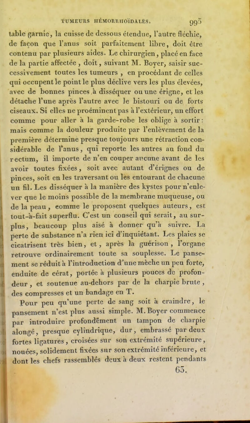 TUMEURS HÉMORRIIOÏDALÉS. gçp table garnie, la cuisse de dessous étendue, l’autre fléchie, de façon que l’anus soit parfaitement libre, doit être contenu par plusieurs aides. Le chirurgien, placé en face de la partie affectée , doit, suivant M. Boyer, saisir suc- cessivement toutes les tumeurs , en procédant de celles qui occupent le point le plus déclive vers les plus élevées, avec de bonnes pinces à disséquer ou une érigne, et les détache l’une après l’autre avec le bistouri ou de forts ciseaux. Si elles ne proéminent pas h l’extérieur, un effort comme pour aller à la garde-robe les oblige à sortir: mais comme la douleur produite par l’enlèvement de la première détermine presque toujours une rétraction con- sidérable de l’anus, qui reporte les autres au fond du rectum, il importe de n’en couper aucune avant de les avoir toutes fixées, soit avec autant d’érignes ou de pinces, soit en les traversant ou les entourant de chacune un fil. Les disséquer à la manière des kystes pour n’enle- ver que le moins possible de la membrane muqueuse, ou de la peau , eomme le proposent quelques auteurs, est tout-à-fait superflu. C’est un conseil qui serait, au sur- plus, beaucoup plus aisé à donner qu’à suivre. La perte de substance n’a rien ici d’inquiétant. Les plaies se cicatrisent très bien, et, après la guérison , l’organe retrouve ordinairement toute sa souplesse. Le panse- ment se réduit à l’introduction d’une mèche un peu forte, enduite de cérat, portée à plusieurs pouces de profon- deur , et soutenue au-dehors par de la charpie brute , des compresses et un bandage en T. Pour peu qu’une perte de sang soit à craindre, le pansement n’est plus aussi simple. M. Boyer commence par introduire profondément un tampon de charpie alongé, presque cylindrique, dur, embrassé par deux fortes ligatures , croisées sur son extrémité supérieure, nouées, solidement fixées sur son extrémité inférieure, et dont les chefs rassemblés deux à deux restent pendants 65.