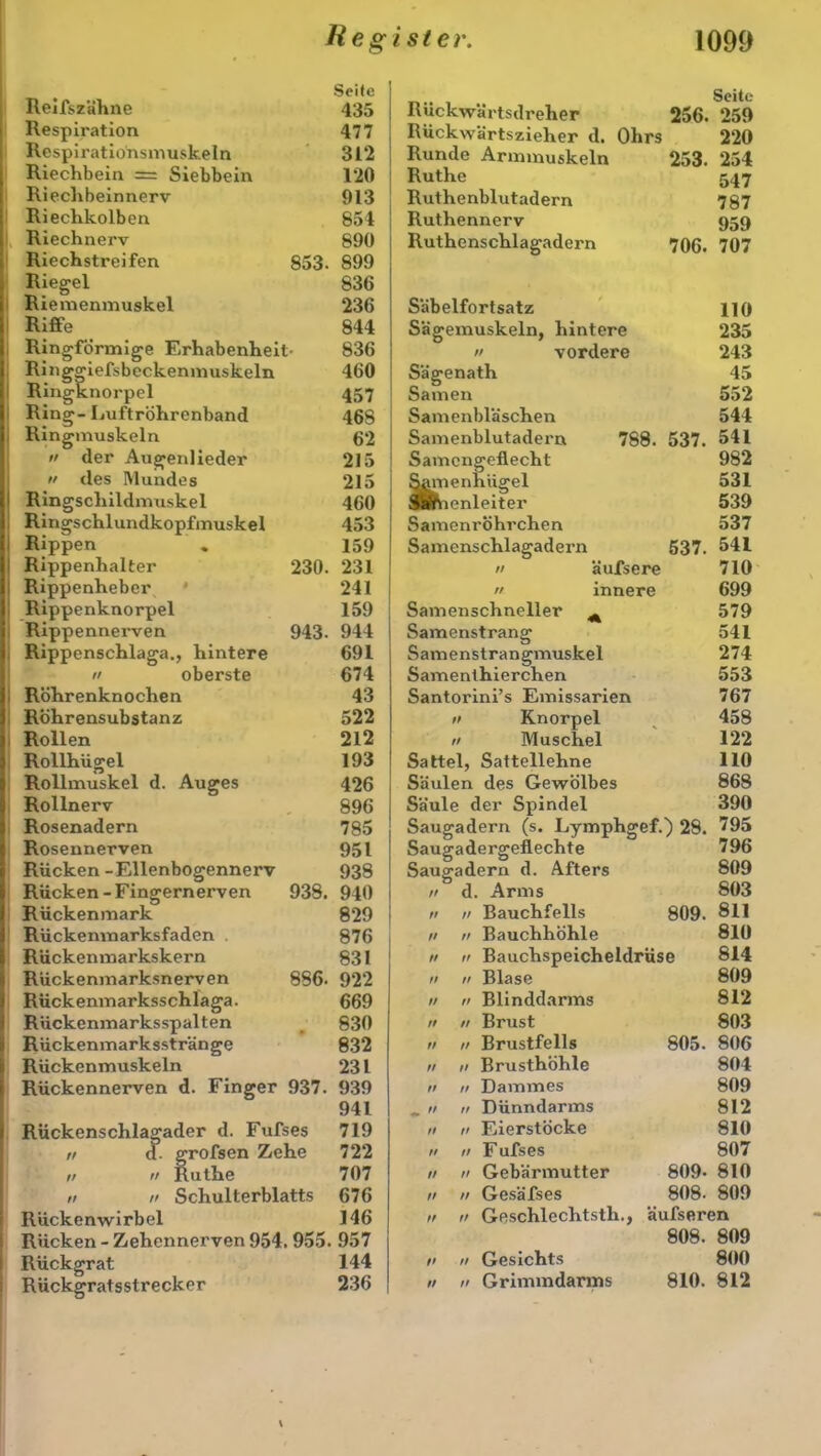 Seite Reifszähne 435 Respiration 477 Respirationsmuskeln 312 Riechbein = Siebbein 120 Riechbeinnerv 913 Riechkolben 854 Riechnerv 890 Riechstreifen 853. 899 Riegel 836 Riemenmuskel Riffe Ringförmige Erhabenheit- Ringgiefsbeckenmuskeln Ringknorpel Ring- Luftröhrenband Ringmuskeln » der Augenlieder  des Mundes Ringschildmuskel Ringschlundkopfmuskel Rippen . Rippenhalter 230. Rippenheber Rippenknorpel Rippennerven 943. Rippenschlaga., hintere n oberste Röhrenknochen Röhrensubstanz Rollen Rollhügel Rollmuskel d. Auges Rollnerv Rosenadern Rosennerven Rücken - Ellenbogennerv Rücken-Fingernerven 938. Rückenmark Rückenmarksfaden Rückenmarkskern Rückenmarksnerven 886. Rückenmarksschlaga. Rückenmarksspalten Rückenmarksstränge Rückenmuskeln Rückennerven d. Finger 937. Rückenschlagader d. Fufses n d. grofsen Zehe v n Ruthe n n Schulterblatts Rückenwirbel Rücken - Ziehennerven 954. 955. Rückgrat Rückgratsstrecker n • , Seite Rückwärtsdreher 256. 259 Rückwärtszieher d. Ohrs 220 Runde Armmuskeln Ruthe Ruthenblutadern Ruthennerv Ruthenschlagadern 253. 254 547 787 959 706. 707 236 Säbelfortsatz 110 844 Sägemuskeln, hintere 235 836 n vordere 243 460 Sägenath 45 457 Samen 552 468 Samenbläschen 544 62 Samenblutadei'n 788. 537. 541 215 Samengeflecht 982 215 Samenhügel 531 460 Sah enleiter 539 453 Samenröhrchen 537 159 Samenschlagadern 537. 541 231  äufsere 710 241 11 innere 699 159 Samenschneller Ä 579 944 Samenstrang 541 691 Samenstrangmuskel 274 674 Samenthierchen 553 43 Santorini’s Emissarien 767 522 11 Knorpel 458 212 11 Muschel 122 193 Sattel, Sattellehne 110 426 Säulen des Gewölbes 868 896 Säule der Spindel 390 785 Saugadern (s. Lymphgef.) 28. 795 951 Saugadergeflechte 796 938 Saugadern d. Afters 809 940 tt d. Arms 803 829 tt 11 Bauchfells 809. 811 876 tt 11 Bauchhöhle 810 831 tt 11 Bauchspeicheldrüse 814 922 tt 11 Blase 809 669 tt 11 Blinddarms 812 830 tt // Brust 803 832 ft 11 Brustfells 805. 806 231 ft 11 Brusthöhle 804 939 tt n Dammes 809 941 ff 11 Dünndarms 812 719 ft 11 Eierstöcke 810 722 tt n Fufses 807 707 tt n Gebärmutter 809- 810 676 tt 11 Gesäfses 808. 809 146 tt n Geschlechtsth., äufseren 957 808. 809 144 ft 11 Gesichts 800 236 tt 11 Grimmdarms 810. 812