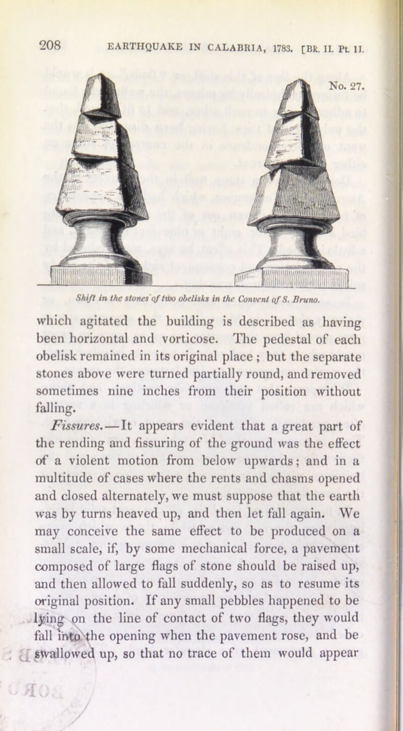 Shift in the stones'(f two obelisks in the Convent of S. Bruno. which agitated the building is described as having been horizontal and vorticose. The pedestal of each obelisk remained in its original place ; but the separate stones above were turned partially round, and removed sometimes nine inches from their position without falling. Fissures. — It appears evident that a great part of the rending and Assuring of the ground was the effect of’ a violent motion from below upwards; and in a multitude of cases where the rents and chasms opened and closed alternately, we must suppose that the earth was by turns heaved up, and then let fall again. We may conceive the same effect to be produced on a small scale, if, by some mechanical force, a pavement composed of large flags of stone should be raised up, and then allowed to fall suddenly, so as to resume its original position. If any small pebbles happened to be lying on the line of contact of two flags, they would fall into ^he opening when the pavement rose, and be swallowed up, so that no trace of them would appear