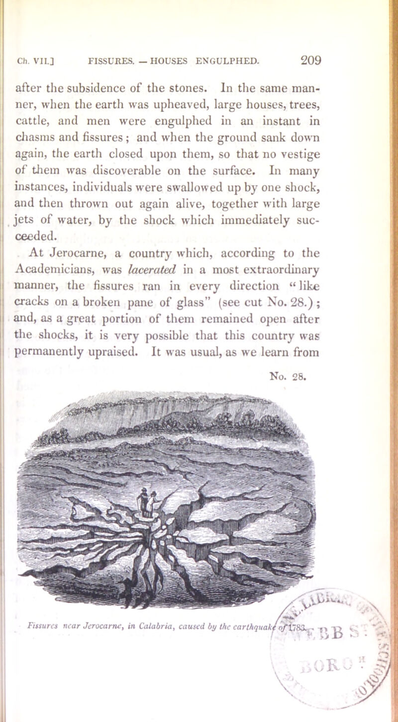 after the subsidence of the stones. In the same man- ner, when the earth was upheaved, large houses, trees, cattle, and men were engulphed in an instant in chasms and fissures; and when the ground sank down again, the earth closed upon them, so that no vestige of them was discoverable on the surface. In many instances, individuals were swallowed up by one shock, and then thrown out again alive, together with large jets of water, by the shock which immediately suc- ceeded. At Jerocarne, a country which, according to the Academicians, was lacerated in a most extraordinary manner, the fissures ran in every direction “ like cracks on a broken pane of glass” (see cut No. 28.) ; and, as a great portion of them remained open after the shocks, it is very possible that this country was permanently upraised. It was usual, as we learn from No. 28.