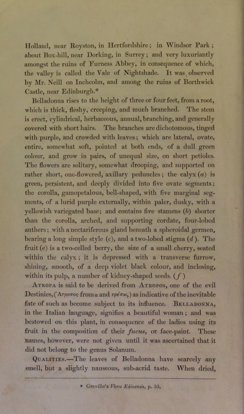 Holland, near Royston, in Hertfordshire; in Windsor Park; about Box-hill, near Dorking, in Surrey; and very luxuriantly amongst the ruins of Furness Abbey, in consequence of which, the valley is called the Vale of Nightshade. It was observed by Mr. Neill on Inchcolm, and among the ruins of Borthwick Castle, near Edinburgh.* Belladonna rises to the height of three or four feet, from a root, which is thick, fleshy, creeping, and much branched. The stem is erect, cylindrical, herbaceous, annual, branching, and generally covered with short hairs. The branches are dichotomous, tinged with purple, and crowded with leaves; which are lateral, ovate, entire, somewhat soft, pointed at both ends, of a dull green colour, and grow in pairs, of unequal size, on short petioles. The flowers are solitary, somewhat drooping, and supported on rather short, one-flowered, axillary peduncles; the calyx (a) is green, persistent, and deeply divided into five ovate segments; the corolla, gamopetalous, bell-shaped, with five marginal seg- ments, of a lurid purple externally, within paler, dusky, with a yellowish variegated base; and contains five stamens (&) shorter than the corolla, arched, and supporting cordate, four-lobed anthers; with a nectariferous gland beneath a spheroidal germen, bearing a long simple style (c), and a two-lobed stigma (d). The fruit (e) is a two-celled berry, the size of a small cherry, seated within the calyx; it is depressed with a transverse furrow, shining, smooth, of a deep violet black colour, and inclosing, within its pulp, a number of kidney-shaped seeds. (f ) Atropa is said to be derived from Atropos, one of the evil Destinies, (’ArpoTroc froma and rpeVw,) as indicative of the inevitable fate of such as become subject to its influence. Belladonna, in the Italian language, signifies a beautiful woman ; and was bestowed on this plant, in consequence of the ladies using its fruit in the composition of their fucus, or face-paint. These names, however, were not given until it was ascertained that it did not belong to the genus Solanum. Qualities.—The leaves of Belladonna have scarcely any smell, but a slightly nauseous, sub-acrid taste. When dried, * Greville’s Flora Edinensis, p. 53.