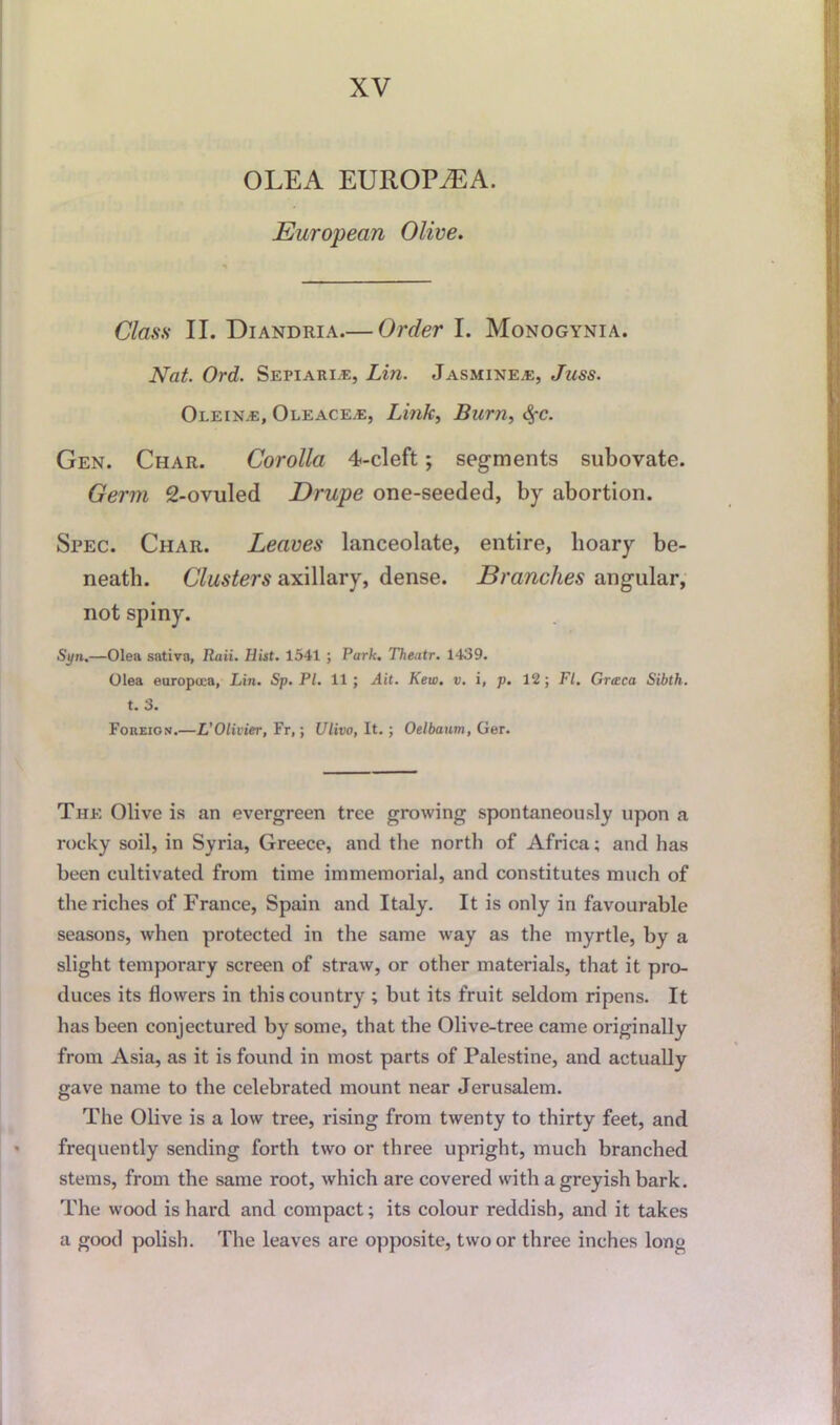 XV OLEA EUROPiEA. European Olive. Class II. Diandria.— Order I. Monogynia. Nat. Ord. Sepiari.e, Lin. Jasmines, Juss. Olein.e, Oleacea:, Link, Burn, fyc. Gen. Char. Corolla 4-cleft; segments subovate. Germ 2-ovuled Drupe one-seeded, by abortion. Spec. Char. Leaves lanceolate, entire, hoary be- neath. Clusters axillary, dense. Branches angular, not spiny. Syn.—Olea sativa, Raii. Hist. 1541 ; Park. Theatr. 1439. Olea europoca, Lin. Sp. PI. 11 ; Ait. Kew. v. i, p. 12; FI. Gmca Sibth. t. 3. Foreign.—L’Olivier, Fr,; Ulivo, It. ; Oelbaum, Ger. The Olive is an evergreen tree growing spontaneously upon a rocky soil, in Syria, Greece, and the north of Africa; and has been cultivated from time immemorial, and constitutes much of the riches of France, Spain and Italy. It is only in favourable seasons, when protected in the same way as the myrtle, by a slight temporary screen of straw, or other materials, that it pro- duces its flowers in this country ; but its fruit seldom ripens. It has been conjectured by some, that the Olive-tree came originally from Asia, as it is found in most parts of Palestine, and actually gave name to the celebrated mount near Jerusalem. The Olive is a low tree, rising from twenty to thirty feet, and frequently sending forth two or three upright, much branched stems, from the same root, which are covered with a greyish bark. The wood is hard and compact; its colour reddish, and it takes a good polish. The leaves are opposite, two or three inches lon<»