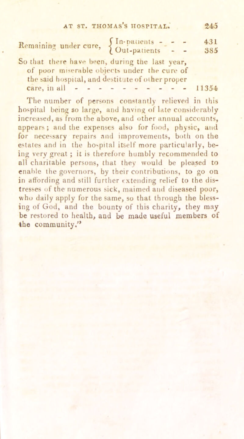 431 385 So that there have ljr>en, during the last year, of poor miserable objects under the cure of the said hospital, and destitute of other proper care, in all --------- - 11354 The number of persons constantly relieved in this hospital being so large, and having of late considerably increased, as from the above, and other annual accounts, appears; and the expenses also for food, physic, and for necessary repairs and improvements, both on the estates and in the ho-pital itself more particulatly, be- ing very great ; it is therefore humbly recommended to all charitable persons, that they would be pleased to enable the governors, by tbeir contributions, to go on in affording and still further extending relief to the dis- tresses of the numerous sick, maimed and diseased poor, who daily apply for the same, so that through the bless- ing of God, and the bounty of this charity, they may be restored to health, and be made useful members of the community.”