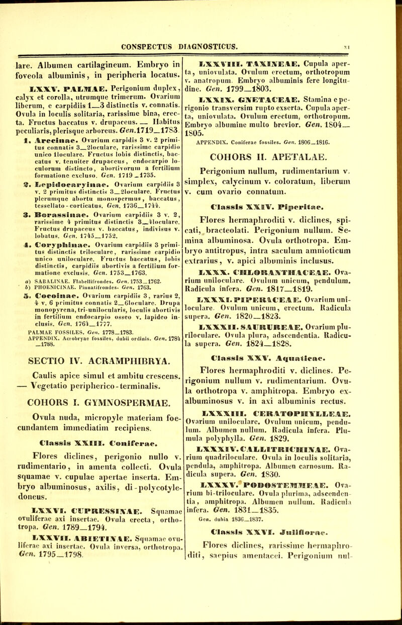 lare. Albumen cartilagineum. Embryo in foveola albuminis, in peripheria locatus. LXXV. PALMAE. Perigonium duplex, calyx et corolla, utrumque trimernm. Ovarium liberum, e carpidiis 1—3 distinctis v. connatis. Ovula in loculis solitaria, rarissime bina, erec- ta. Fructus baccatus v, drupaceus. — Ilabitus peculiaris, plerisque arboreus. G<m.l719_17S3. fi. Arecieiae. Ovariuin carpiilis 3 v. 2 primi- tus connatis 3 21oculare, rarissime carpidio unico lloculare. Fructus lobis distinctis, bac- catus v. tenuiter drupaceus, endocarpio lo- culorum distincto, abortivorum a fertilium formatione excluso. Gen. 1719—1735. g. Ovarium carpidiis 3 v. 2 primitus distinctis 3 21oculare. Fructus plerumque abortu monospermus, baccatus, tessellato - corticatus. Gen, 1736 1744. 3. Bftrassinae. Ovarium carpidiis 3 v. 2, rarissime 4 primitus distinctis 3 41oculare. Fructus drupaceus v. baccatus, indivisus v. lobatus. Gen. 1745 1752. 4. Corygihiitae. Ovarium carpidiis 3 primi- tus distinctis triloculare, rarissime carpidio unico uniloculare. Fructus baccatus, lobis distinctis, carpidiis abortivis a fertilium for- matione exclusis. Gen. 1753 1763. а) SABALINAE. Flabellifrondes. Gen. 1753_1762. б) PH0ENIC1NAE. Pinnatifroiides. Gen. 1763. 5. Cocoinae. Ovarium carpidiis 3, rarius 2, 4 v. 6 primitus connatis 2 61oculare. Drupa monopyrena, tri-unilocularis, loculis abortivis in fertilium endocarpio osseo v. lapideo in- clusis. Gen. 1764 1777. PALMAE FOSSILES. Gen. 1778—1783. APPENDIX. Acrobryae fossiles, dubii ordinis. Gen, 178i —1788. SECTIO IV. ACRAMPIIIBRYA. Caulis apice simul et ambitu crescens. — Vegetatio peripherico-terminalis. COHORS I. GYMNOSPERMAE. Ovula nuda, micropyle materiam foe- cundantem immediatim recipiens. Classis 'XX.Iflfl'. Coniferae. Flores diclines, perigonio nullo v. rudimentario, in amenta collecti. Ovula squamae v. cupulae apertae inserta. Em- bryo albuminosus, axilis, di-polycotyle- dotieus. LXXVf. CJUPRESSIKAE. Squamae ovuliferae axi insertae. Ovula erecta, ortho- tropa. Gen. 1789—1794. LXXVII. 4BIETIX4E. Sq uamae ovu- liferae axi insertae. Ovula inversa, orthotropa. Gen. 1795—1798 LWIS! B. TAXIJSEAE. Cupula aper- ta, uniovulata. Ovulum erectum, ortliotropum v. anatropum. Embryo albuminis fere longitu- dine. Gen. 1799—1803. IiXAIX. GXETAEEAE. Stamina e pe- rigonio transversim rupto exserta. Cupula aper- ta, uniovulata. Ovulum erectum, ortliotropum. Embryo albumine multo brevior. Gen. 1804 1805. APPENDIX. Coniferae fossiles. Gen. 1806—1816. COHORS II. APETALAE. Perigonium nullum, rudimentarimn v. simplex, calycinum v. coloratum, liberum v. cum ovario connatum. Classis XXiV. Piperata «*. Flores hermapliroditi v. diclines, spi- cati, bracteolati. Perigonium nullum. Se- mina albuininosa. Ovula orthotropa. Em- bryo antitropus, intra saculum amnioticum extrarius, v. apici albuminis inclusus. liXXLX. CIfiE€mAATBfiACEAE. Ova- rium uniloculare. Ovulum unicum, pendulum. Radicula infera. Gen. 1817 1819. LXAA3. PIPERACEAE. Ovarium uni- loculare. Ovulum unicum, erectum. Radicula supera. Gen. 1820 1823. EXXX.II. SAIJISIJBfiEAE. Ovarium plu- riloculare. Ovula plura, adseendentia. Radicu- la supera. Gen. 1824 1828. Classis X.XAr. Aquaticae. Flores hermaphroditi v. diclines. Pe- rigonium nullum v. rudimentarium. Ovu- la orthotropa v. amphitropa. Einhryo ex- albuminosus v. in axi albuminis rectus. liXXAIU. CERATOPB1LLEAE. Ovarium uniloculare. Ovulum unicum, pendu- lum. Albumen nullum. Radicula infera. Plu- mula polypliylla. Gen. 1829. LXXXIV.CALLITRiridXAE. Ova- rium quadriloculare. Ovula in loculis solitaria, pendula, amphitropa. Albumen carnosum. Ra- dicula supera. Gen. 1830. LXXXV. P©BB®§TEIWj?IEAE. Ova- rium bi-triloculare. Ovula plurima, adseenden tia, amphitropa. Albumen nullum. Radicula infera. Gen. 1831_1S35. Gen. dubia 1836—1837. Classis XXYir. Jnliilorae. Flores diclines, rarissime hermaphro- diti, saepius amentacei. Perigonium nui-